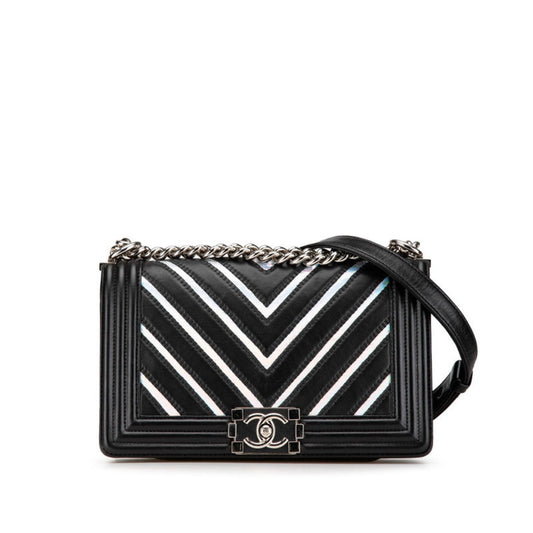 Chanel Black Silver Leather Shoulder Bag ()