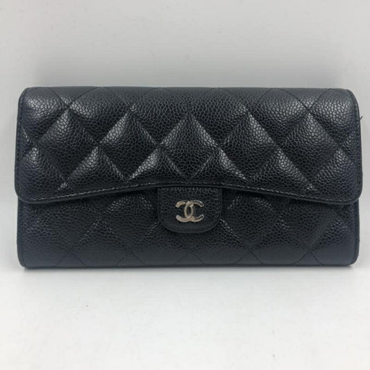 Chanel Black Blue Grained Calfskin Long Bill Wallet (Bi-Fold) ()
