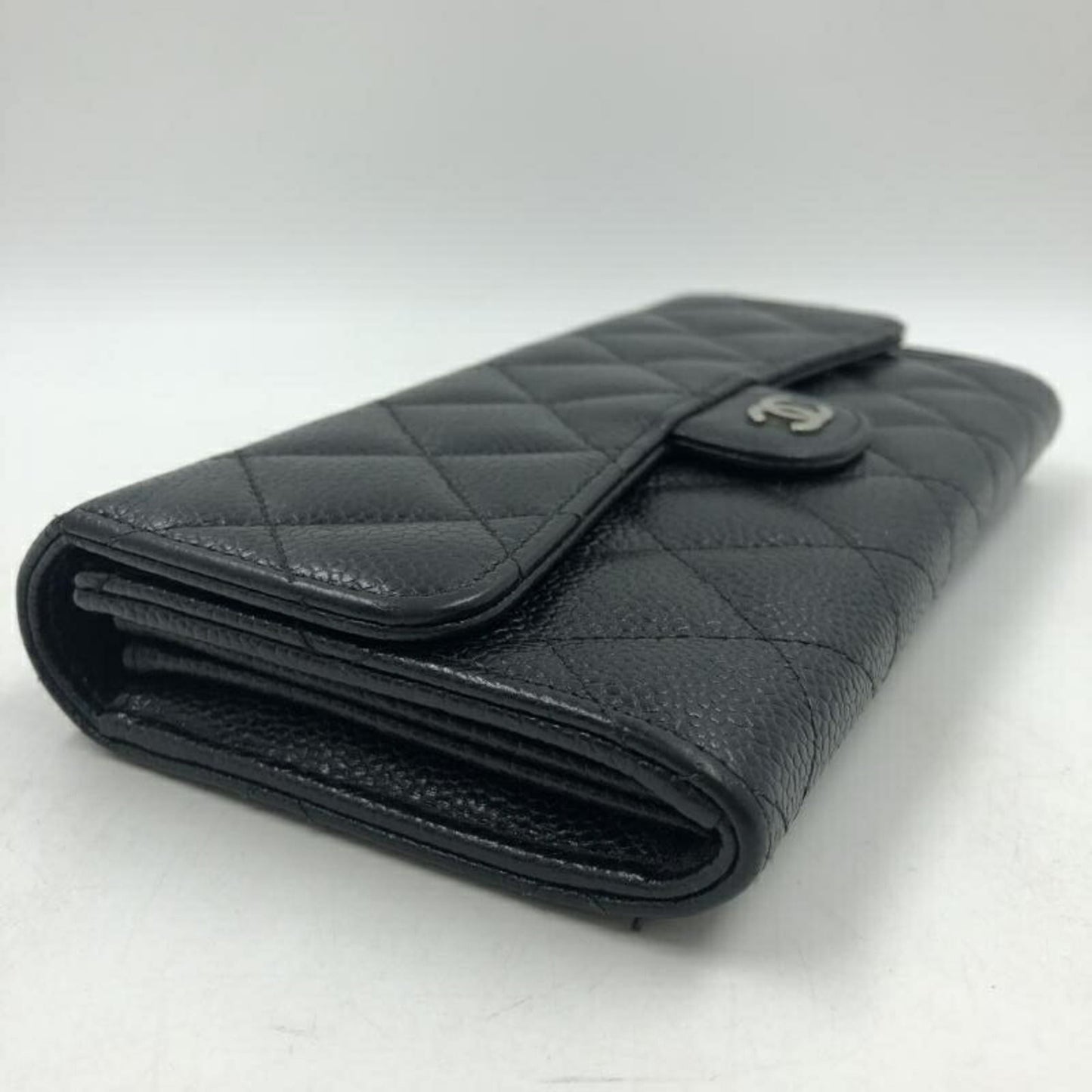 Chanel Black Blue Grained Calfskin Long Bill Wallet (Bi-Fold) ()
