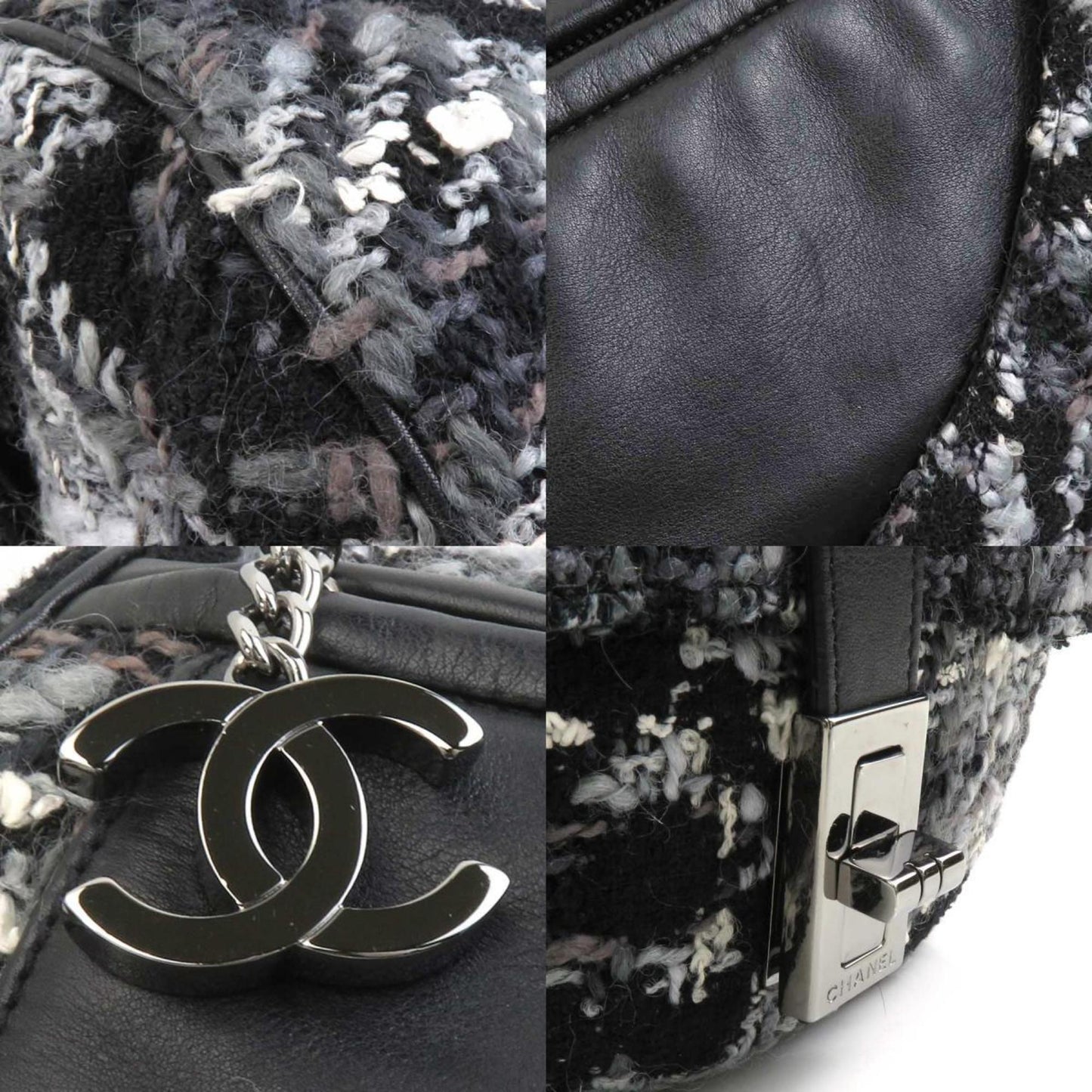 Chanel Black Gray White Tweed Shoulder Bag ()