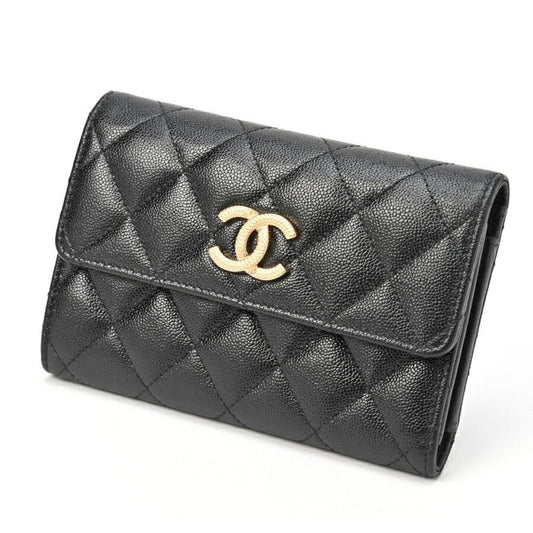 Chanel Matelasse Black Gold Grained Calfskin Wallet (Tri-Fold) ()