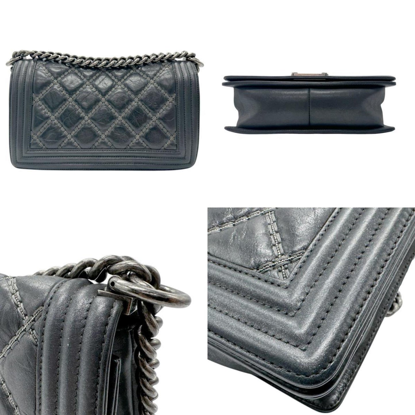 Chanel Black Silver Leather Metal Shoulder Bag ()