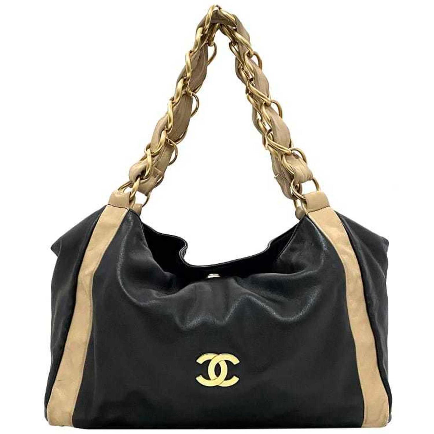 Chanel Beige Gold Black Leather Tote Bag ()
