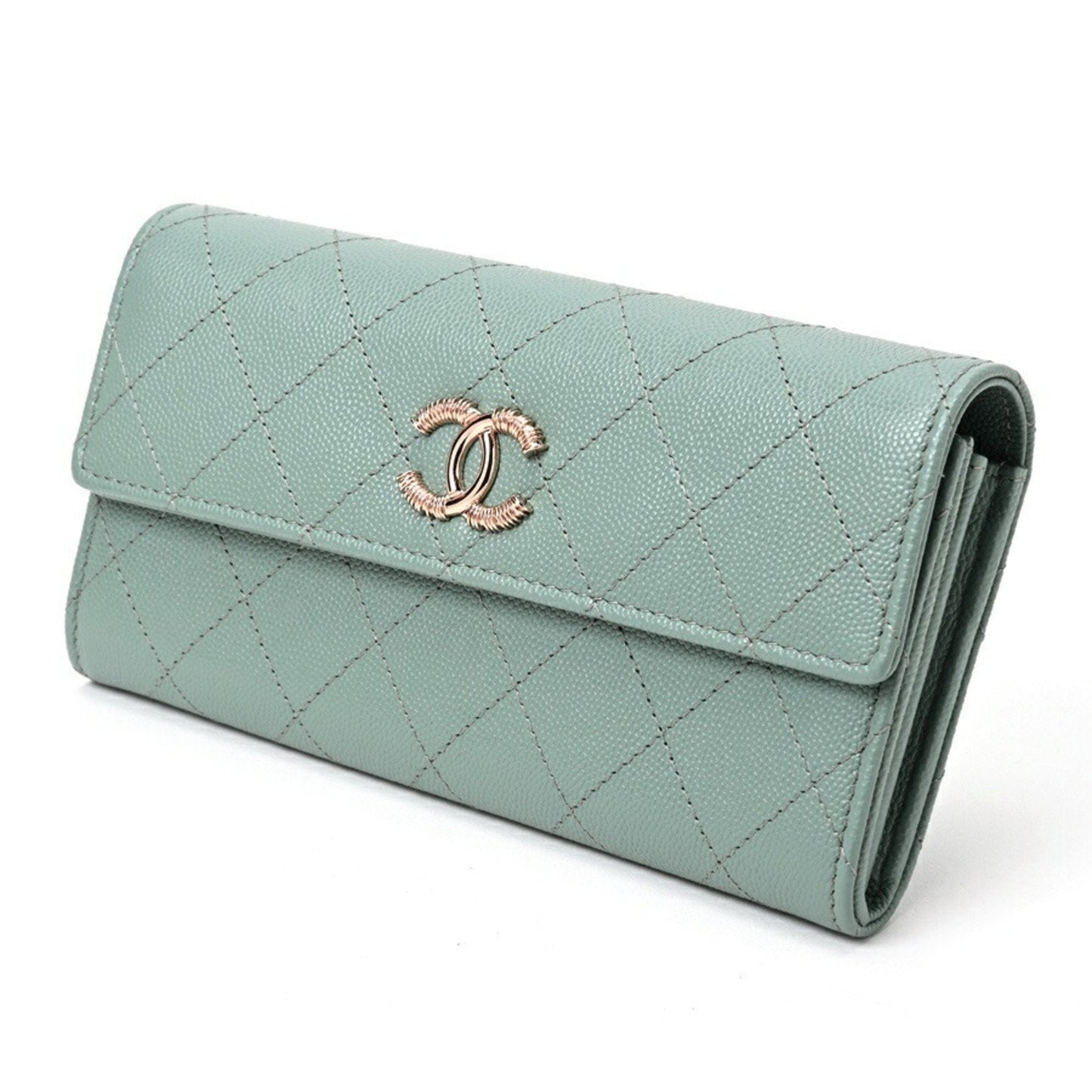 Chanel Blue Green Grained Calfskin Long Wallet (Bi-Fold) ()