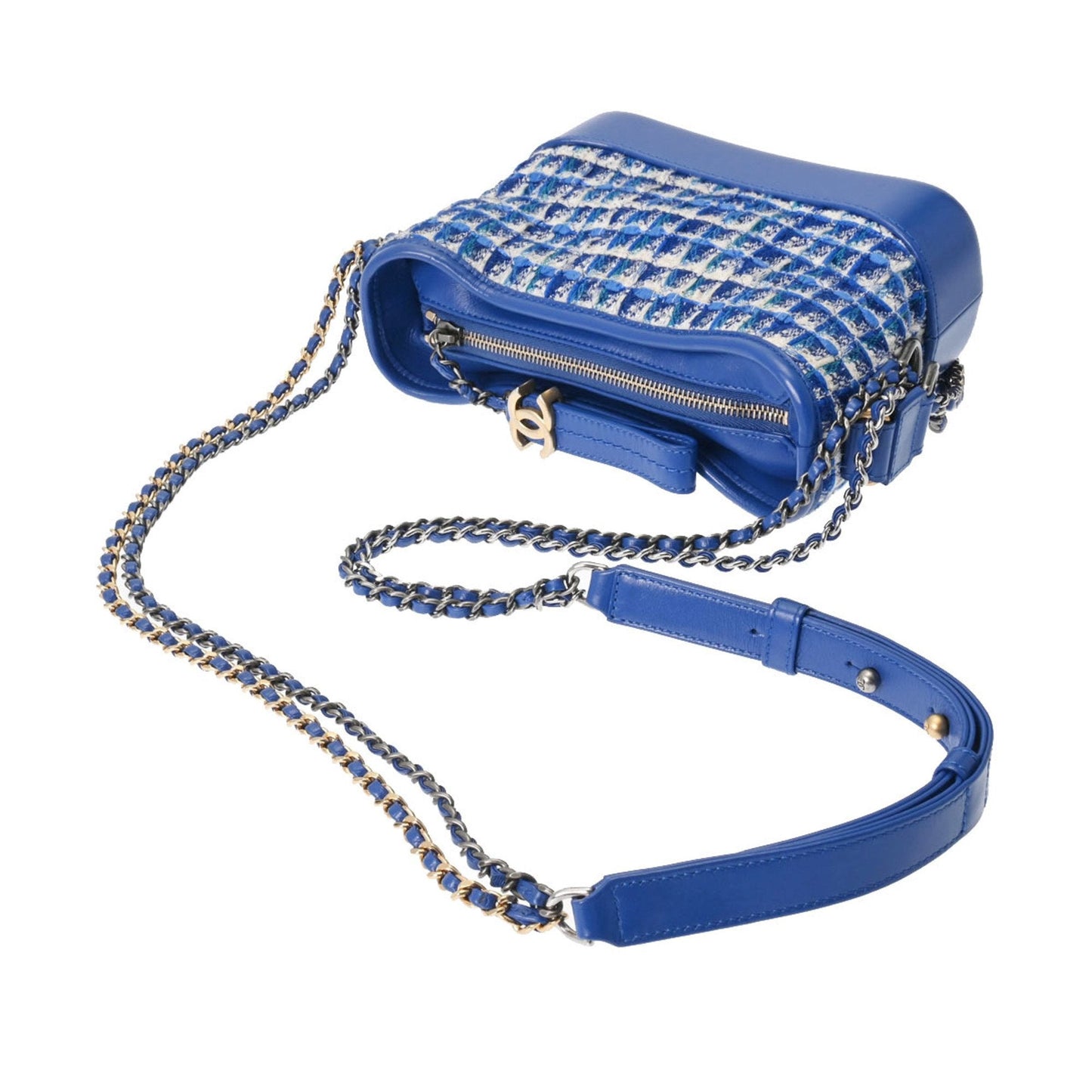 Chanel Blue Gold Tweed Leather Shoulder Bag ()