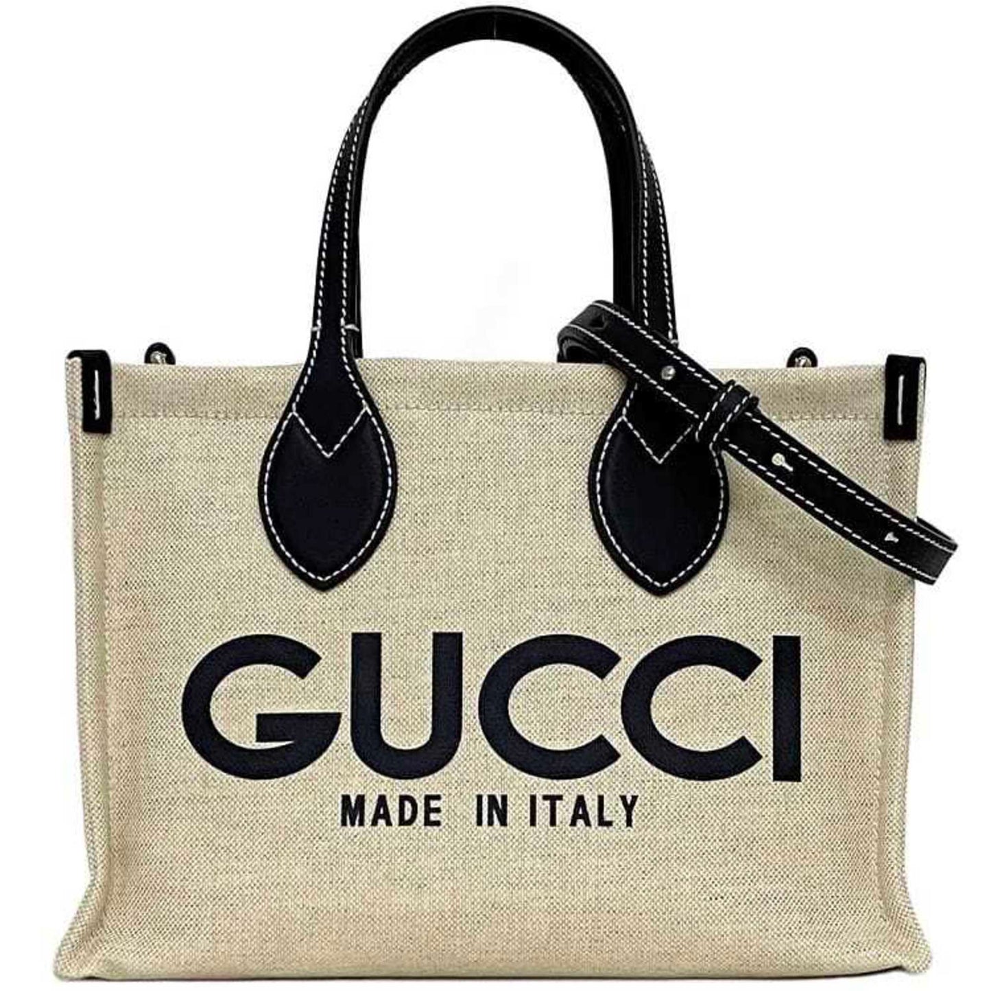 Gucci Beige Navy Canvas Leather Handbag Shoulder Bag Tote Bag ()