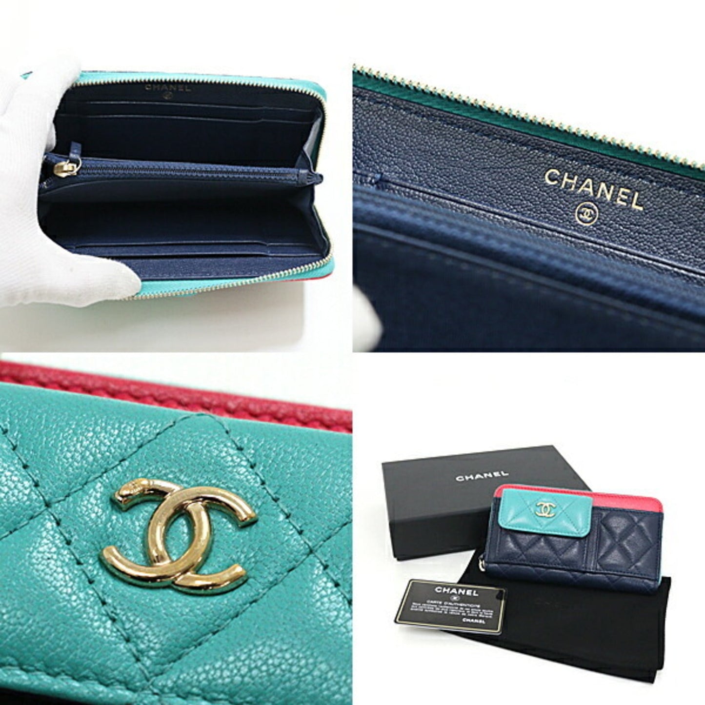Chanel Green Navy Pink Leather Wallet (Bi-Fold) ()