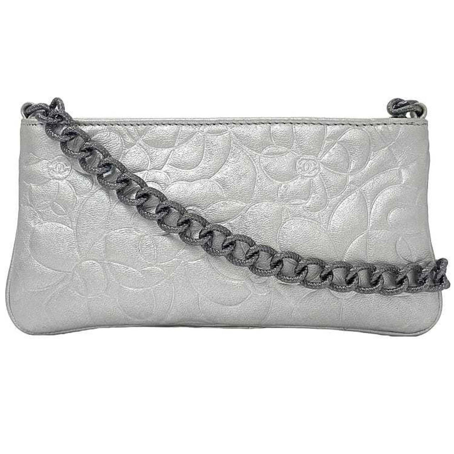 Chanel Camellia Silver Leather Metal Pouch ()
