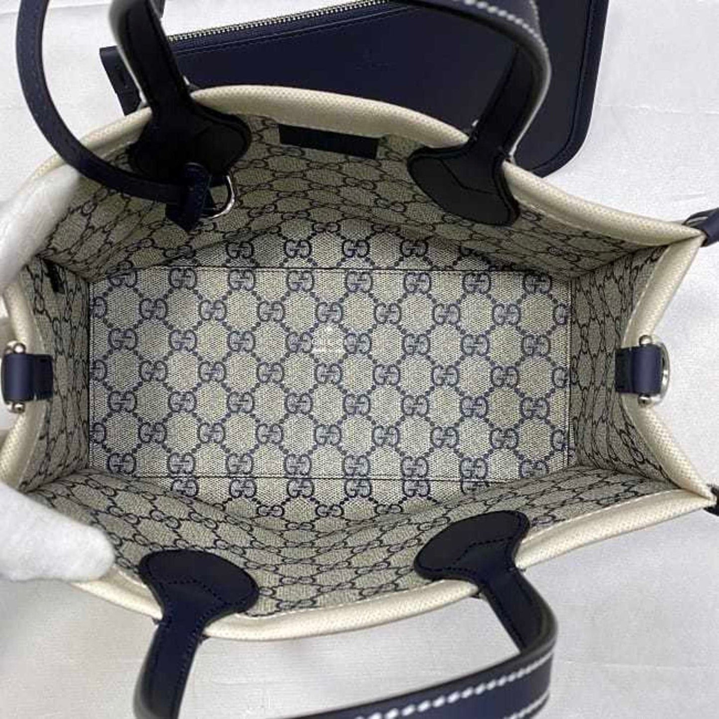 Gucci Beige Navy Canvas Leather Handbag Shoulder Bag Tote Bag ()