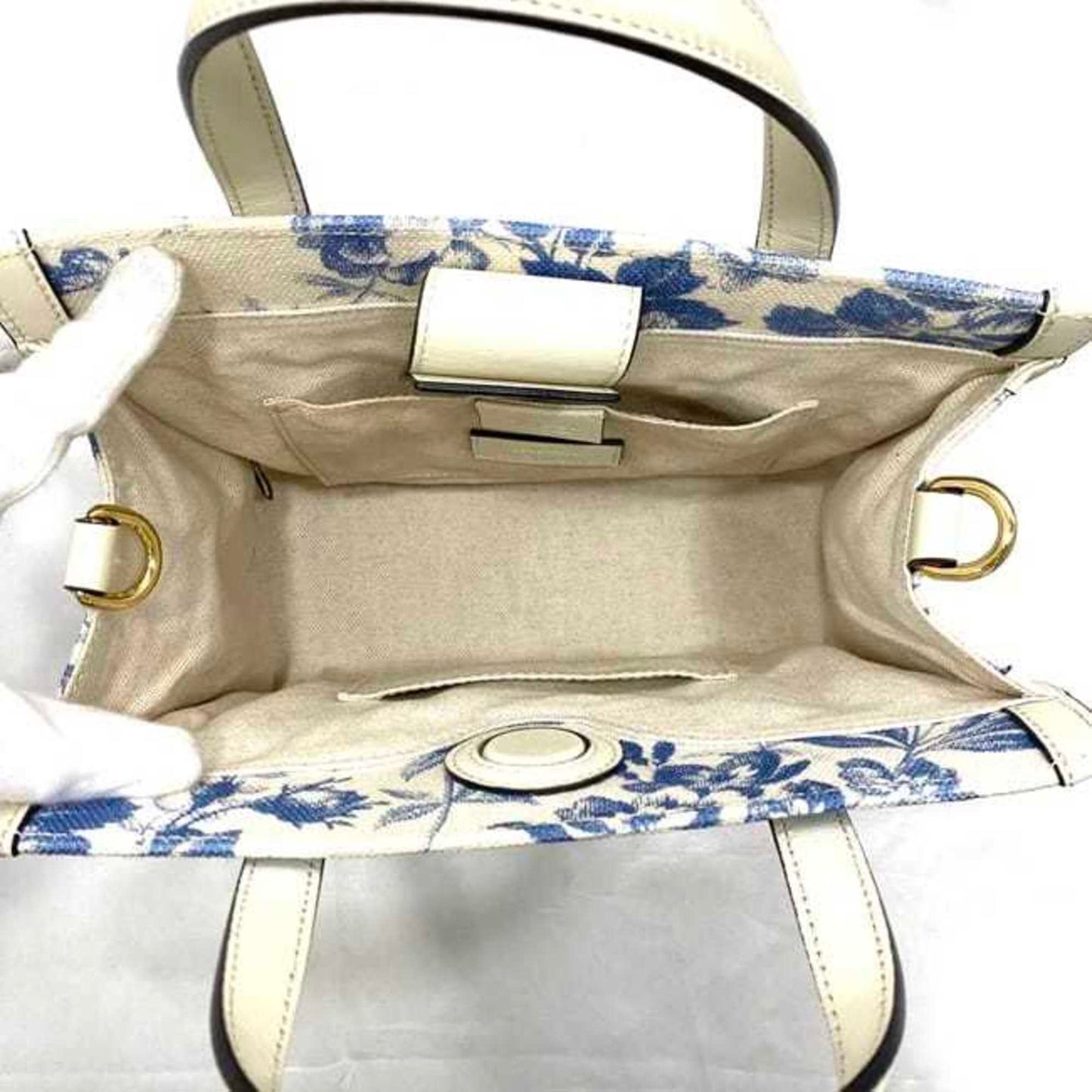 Gucci Blue White Canvas Leather Handbag Tote Bag ()