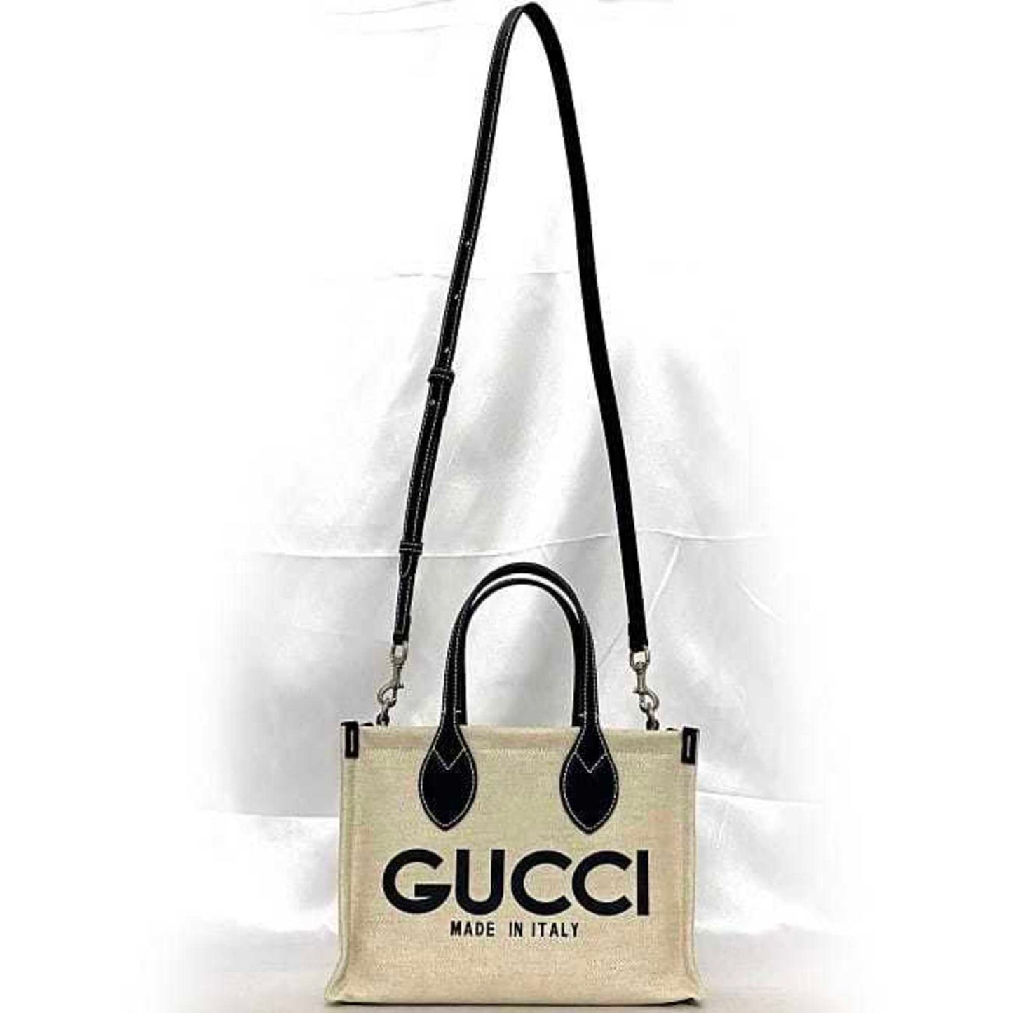 Gucci Beige Navy Canvas Leather Handbag Shoulder Bag Tote Bag ()