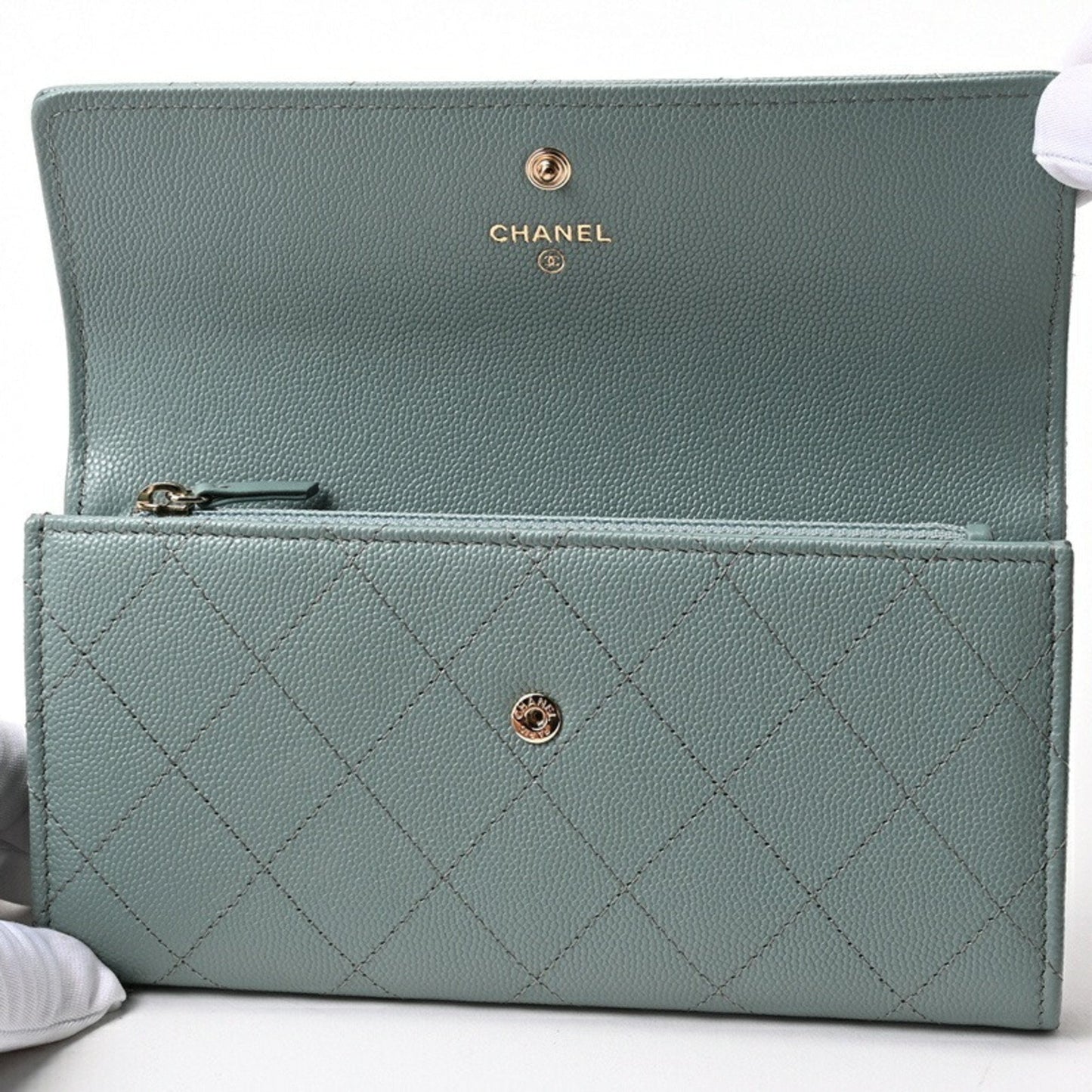 Chanel Blue Green Grained Calfskin Long Wallet (Bi-Fold) ()