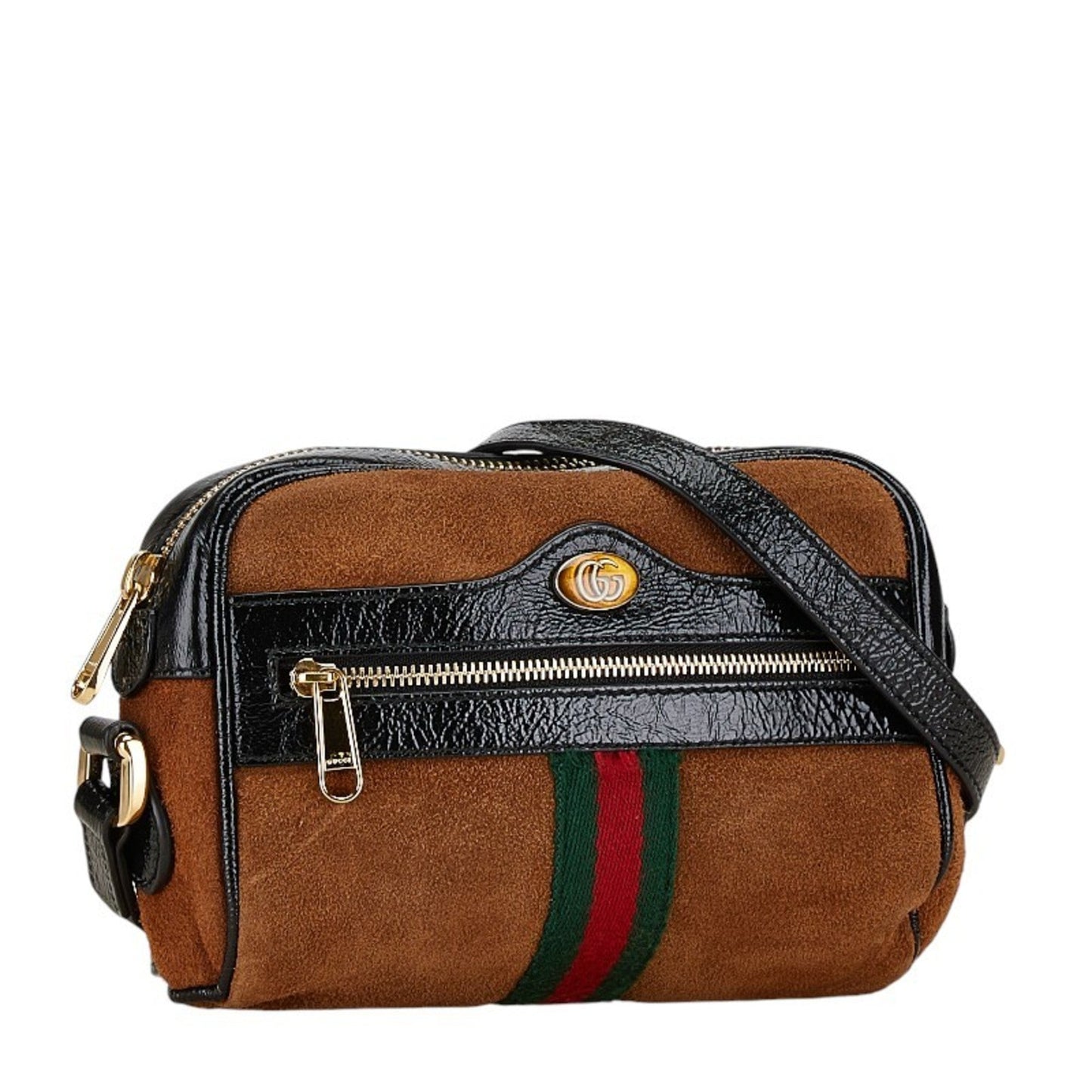 Gucci Black Brown Patent Leather Suede Shoulder Bag ()