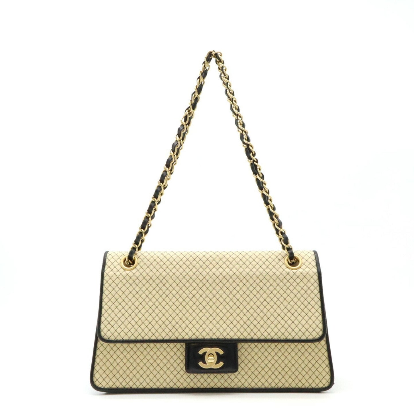 Chanel Beige Black Jersey Leather Shoulder Bag ()