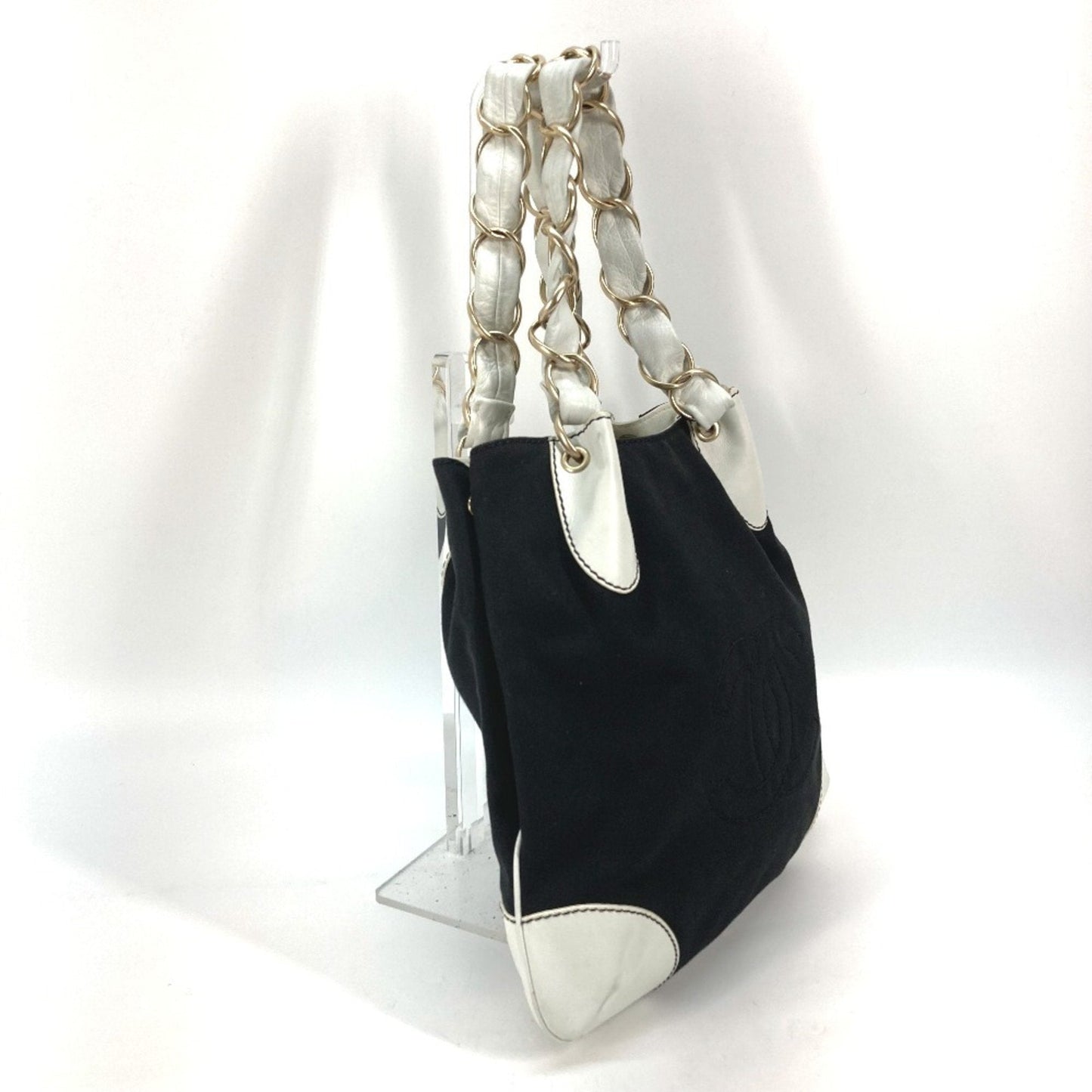 Chanel Black White Canvas Leather Shoulder Bag Tote Bag ()