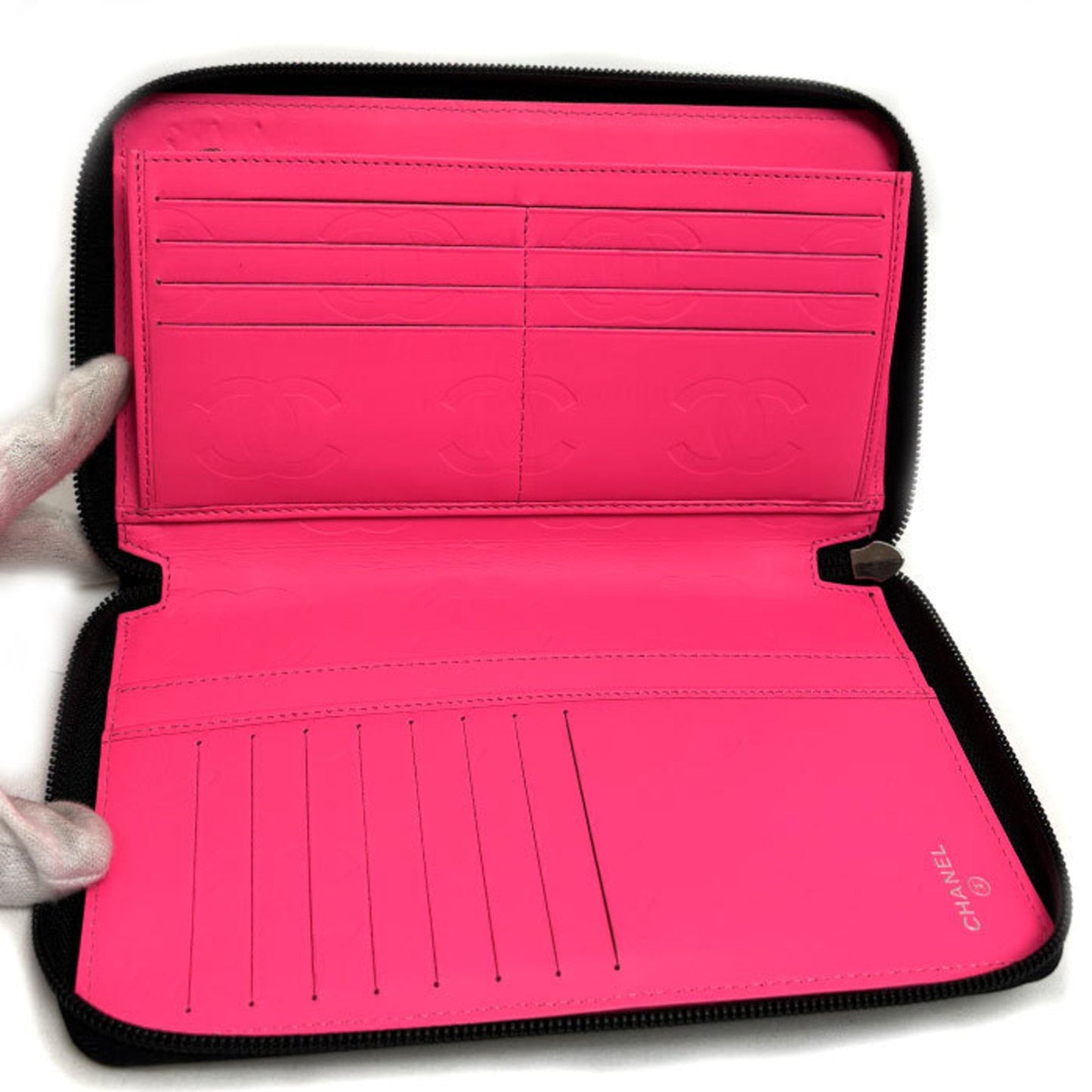 Chanel Cambon Black Pink Leather Long Wallet (Bi-Fold) ()