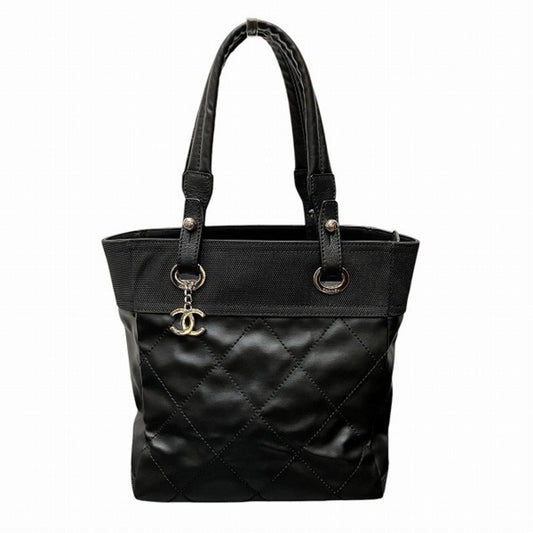 Chanel Black Coated Canvas Leather Shoulder Bag Tote Bag ()