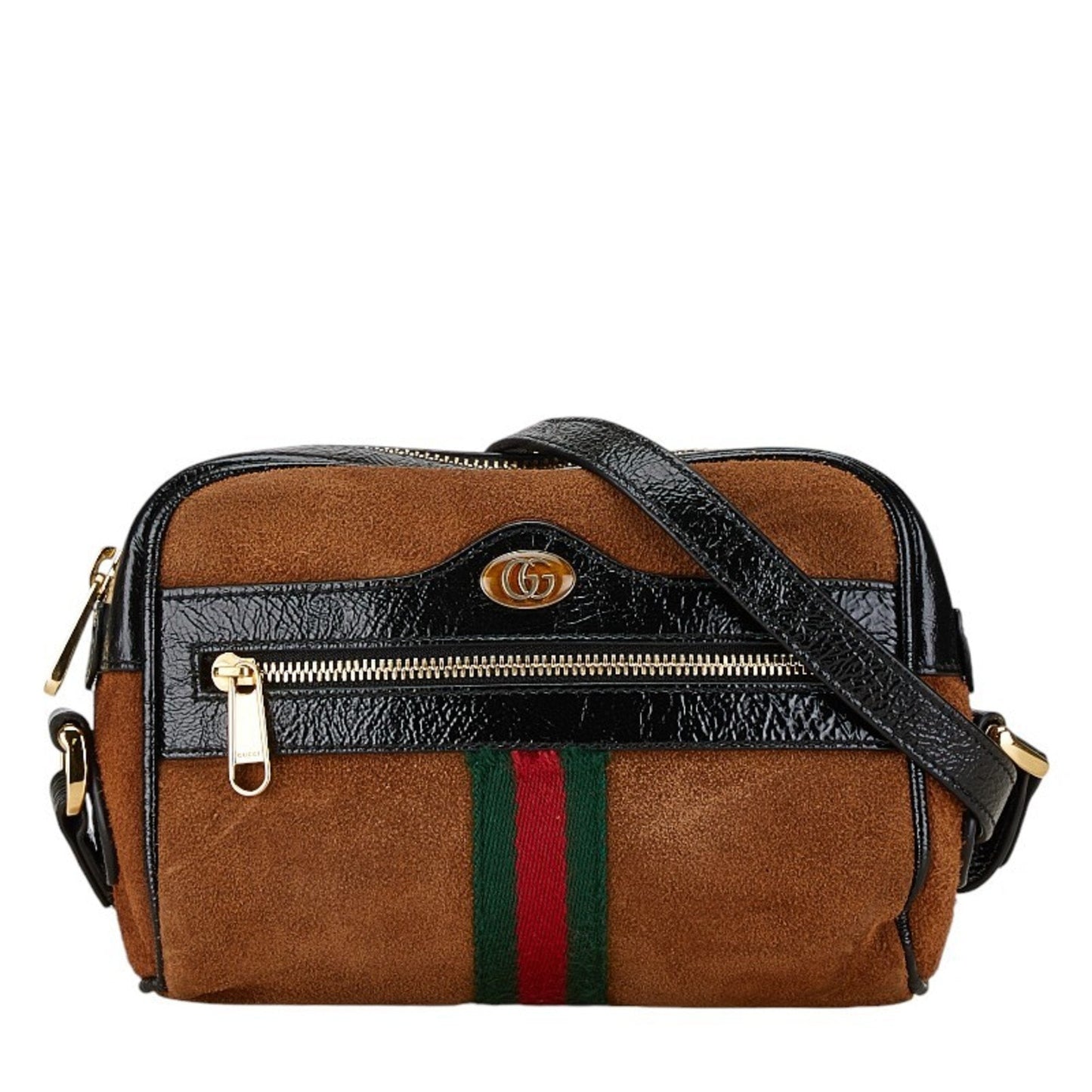 Gucci Black Brown Patent Leather Suede Shoulder Bag ()