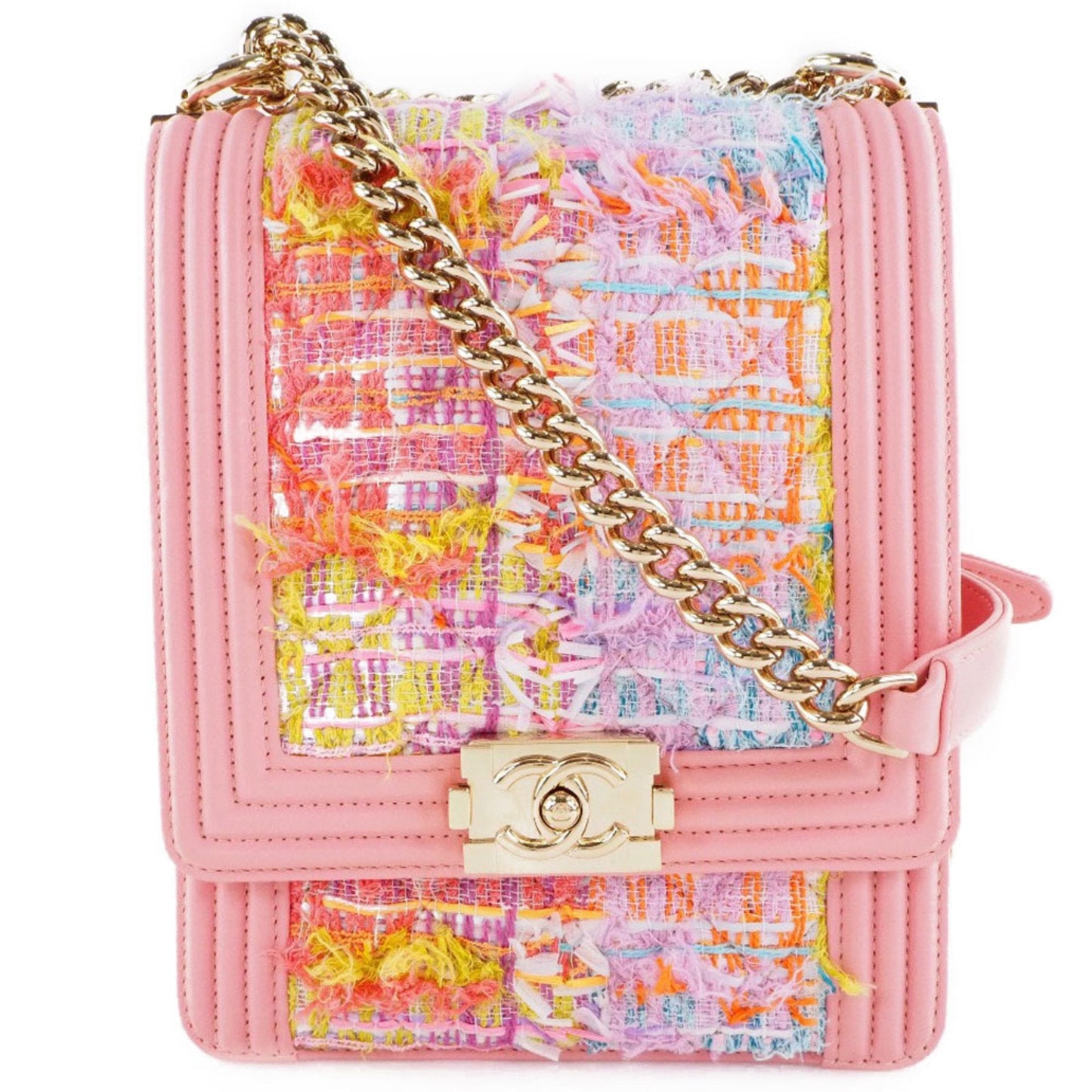 Chanel Boy Chanel Pink Tweed Leather Shoulder Bag ()