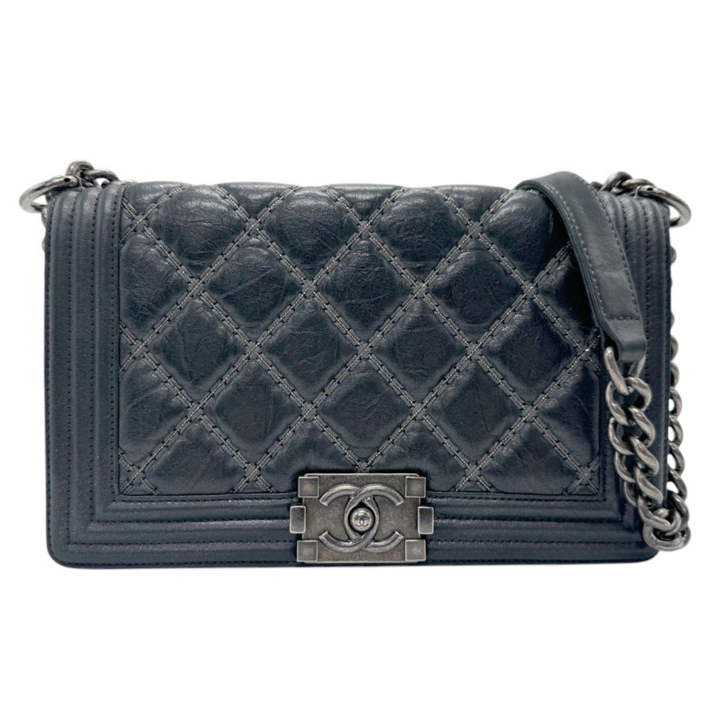Chanel Black Silver Leather Metal Shoulder Bag ()
