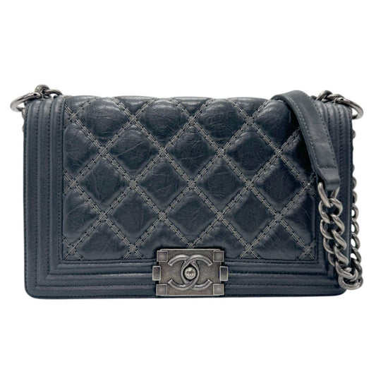 Chanel Black Silver Leather Metal Shoulder Bag ()