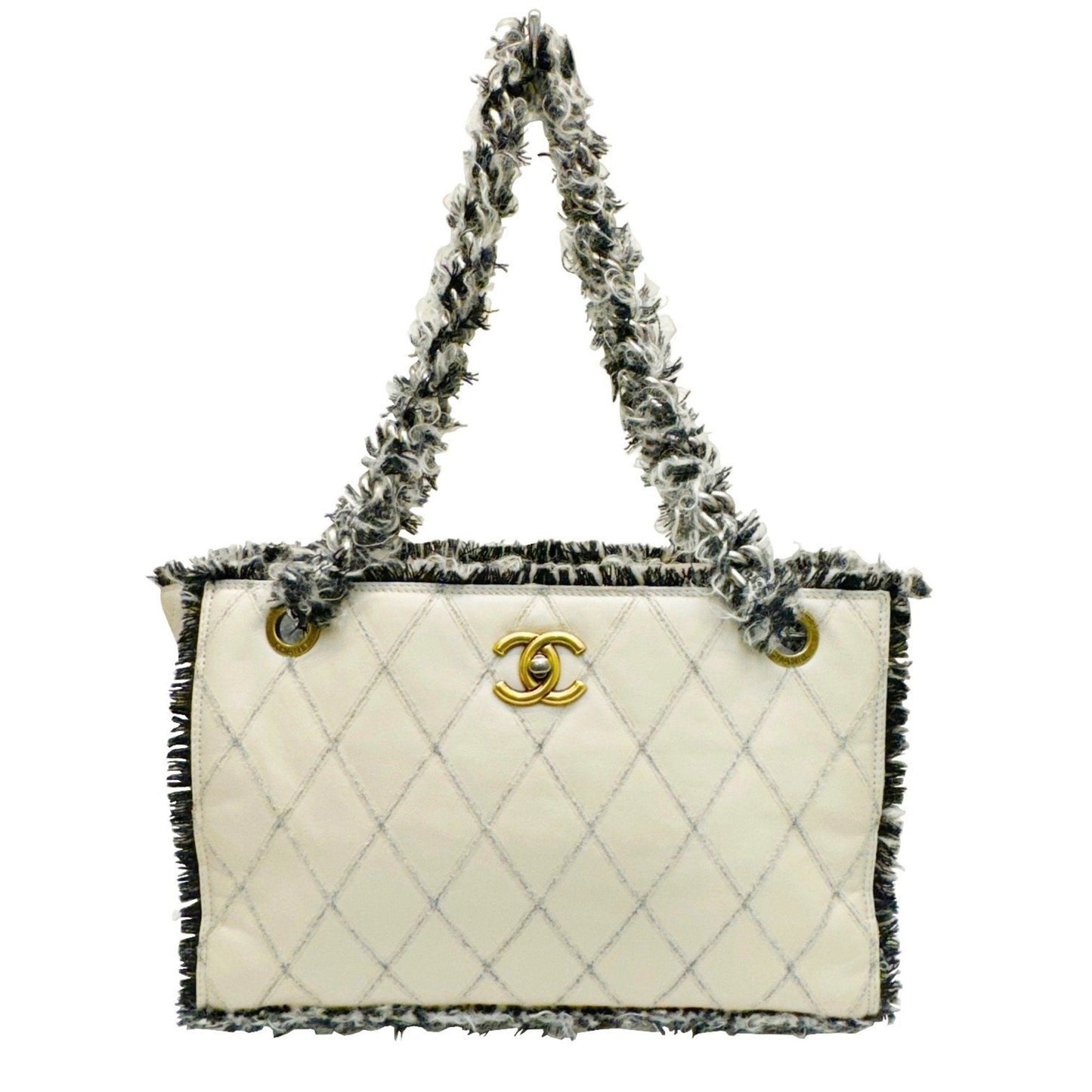 Chanel Beige Black Tweed Leather Tote Bag ()