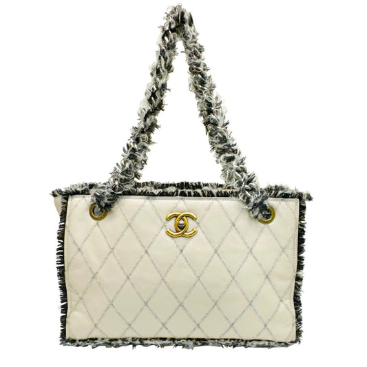 Chanel Beige Black Tweed Leather Tote Bag ()