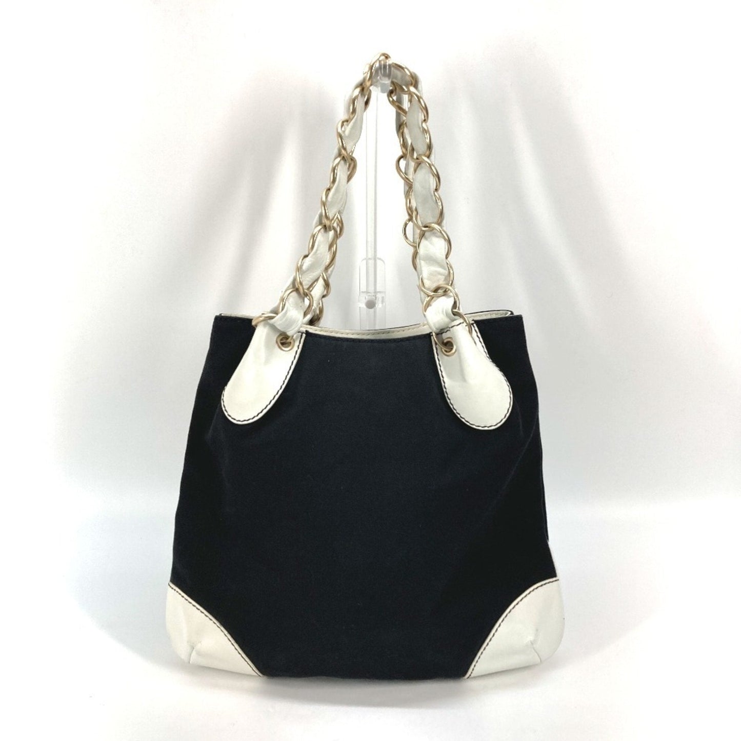 Chanel Black White Canvas Leather Shoulder Bag Tote Bag ()