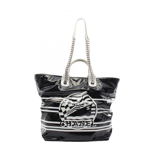 Chanel Black White Coated Canvas Leather Tote Bag ()