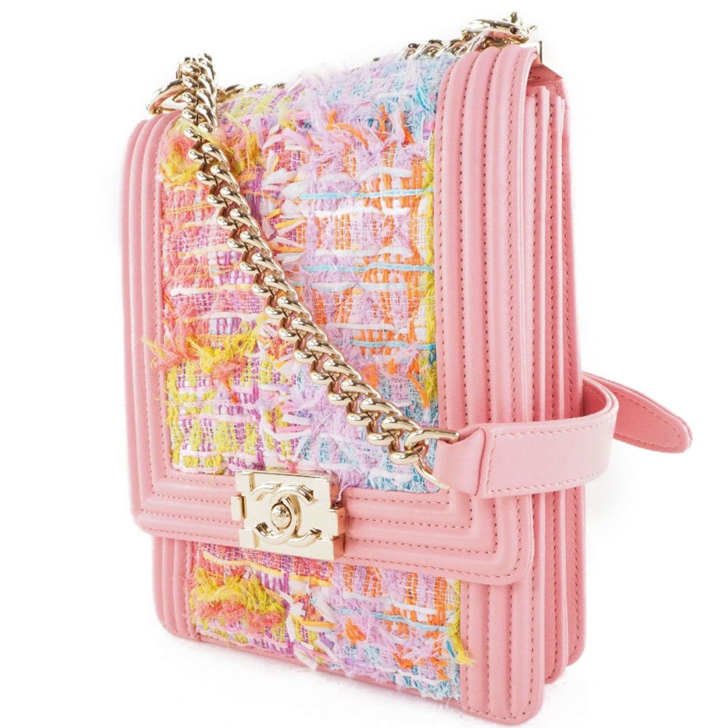 Chanel Boy Chanel Pink Tweed Leather Shoulder Bag ()