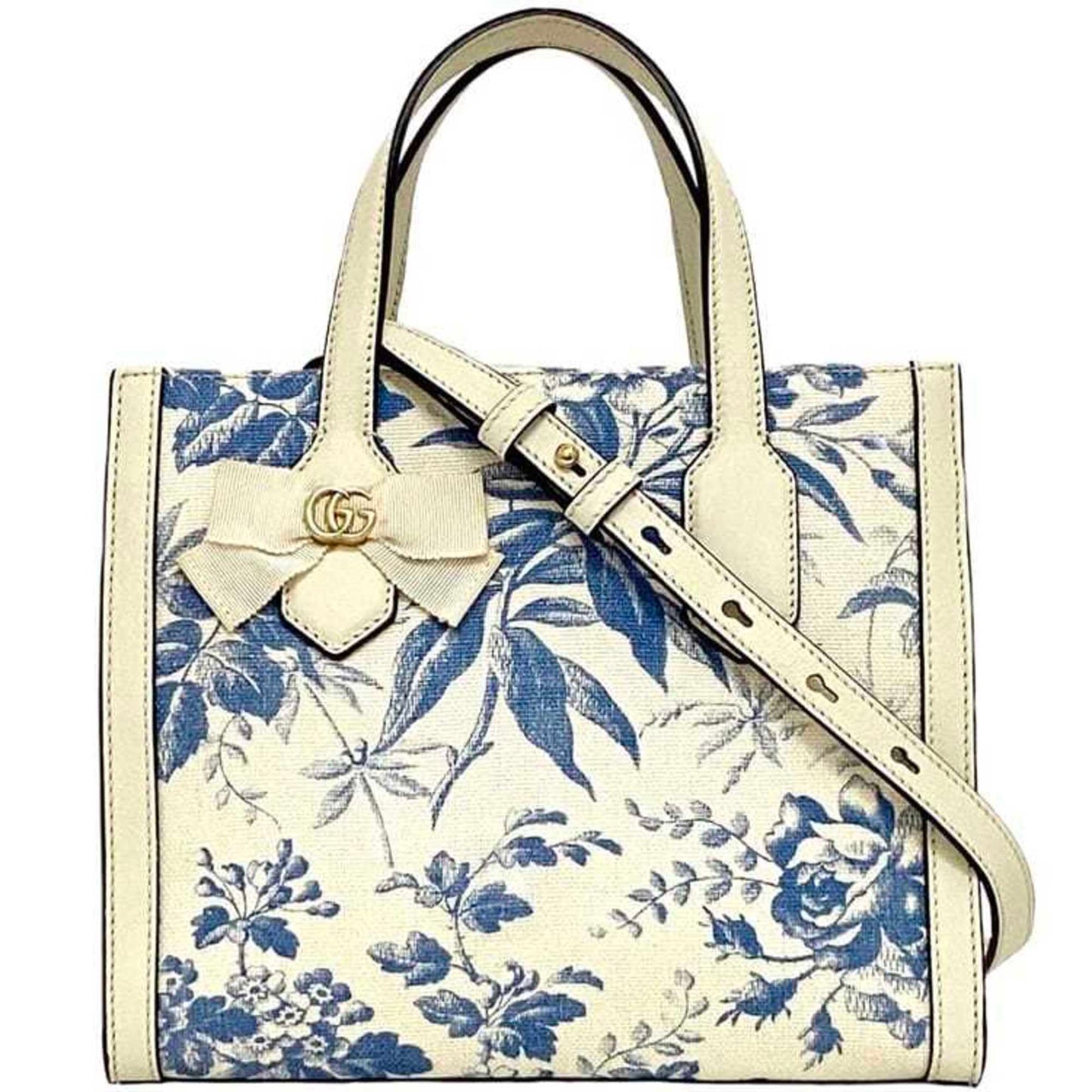 Gucci Blue White Canvas Leather Handbag Tote Bag ()