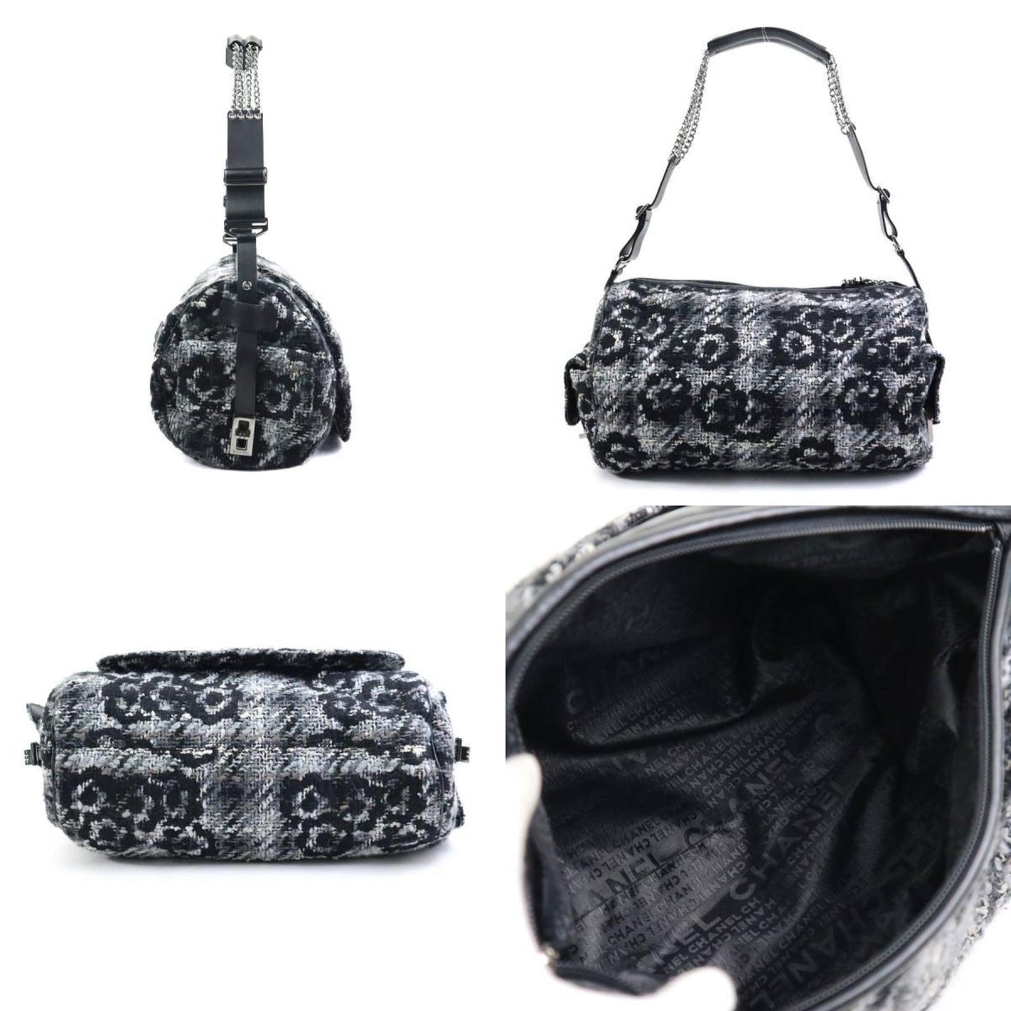 Chanel Black Gray White Tweed Shoulder Bag ()