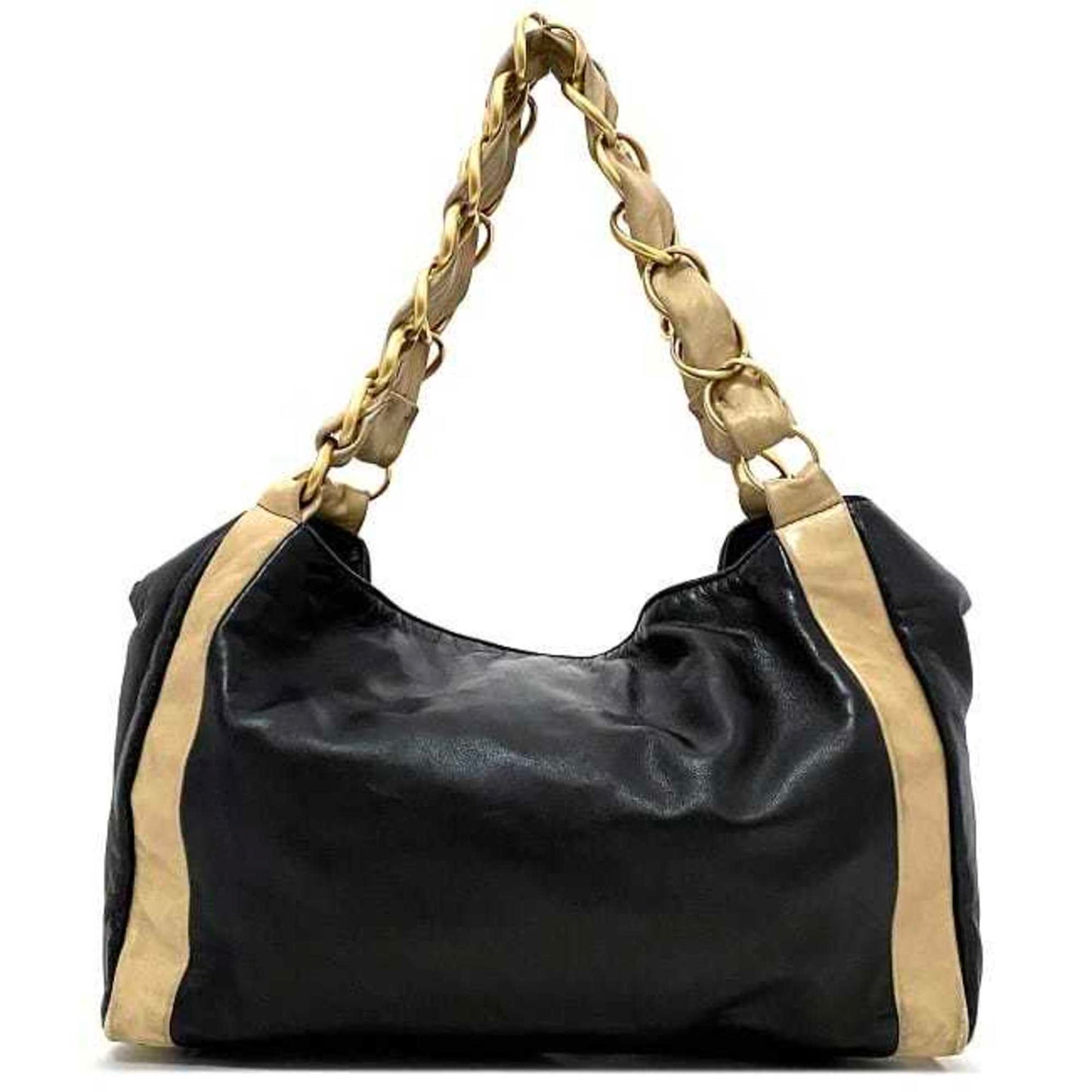 Chanel Beige Gold Black Leather Tote Bag ()