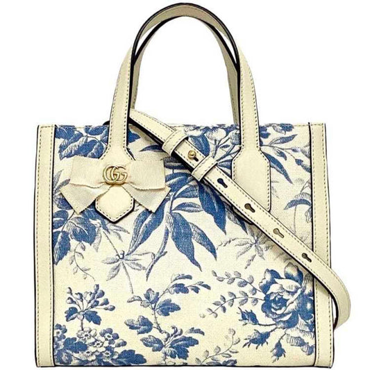 Gucci Blue White Canvas Leather Handbag Tote Bag ()