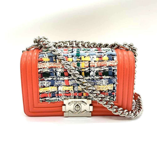 Chanel Boy Chanel Coral Orange Multi-Color Tweed Leather Shoulder Bag ()