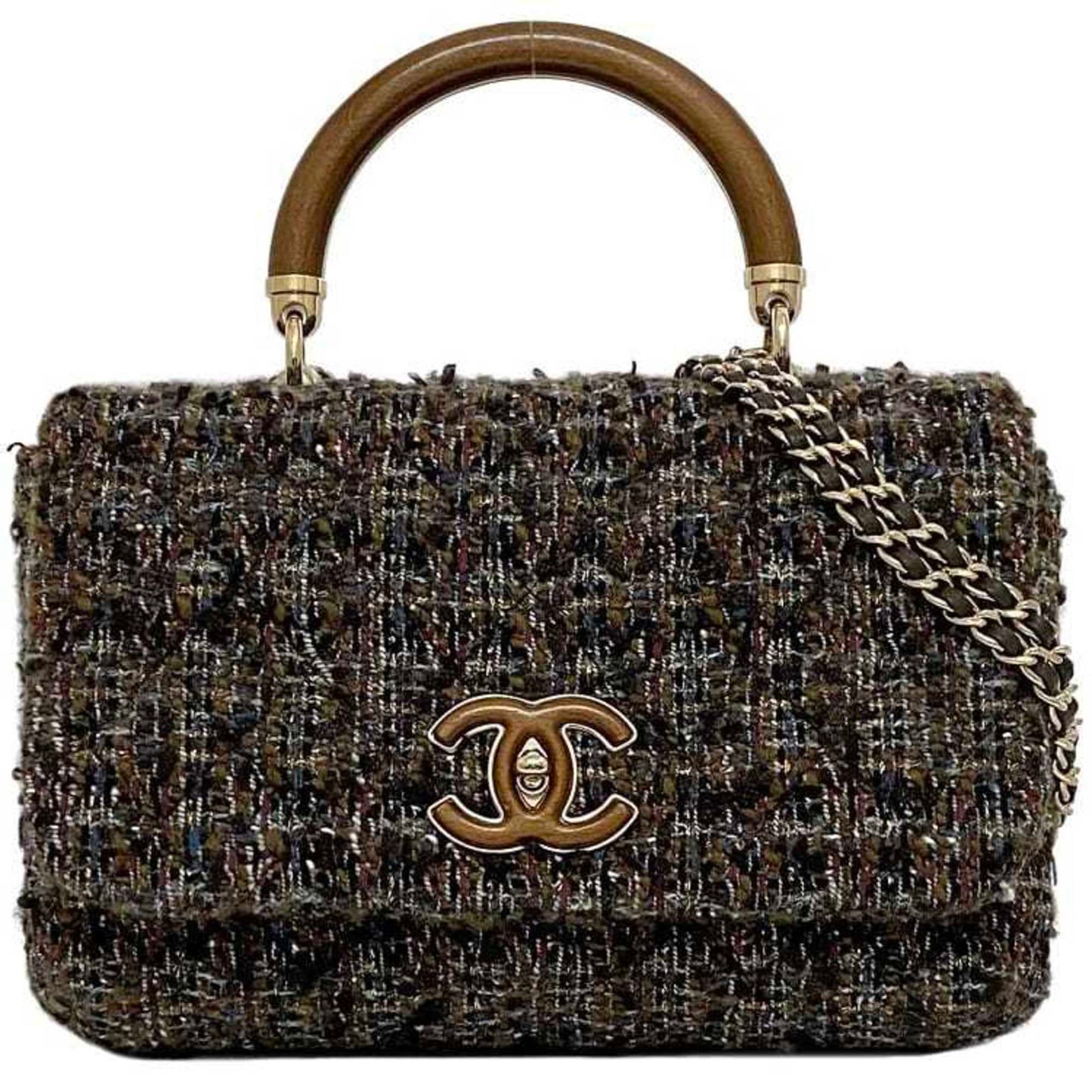 Chanel Brown Gray Tweed Wood Shoulder Bag ()