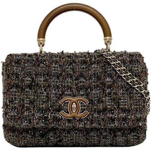 Chanel Brown Gray Tweed Wood Shoulder Bag ()