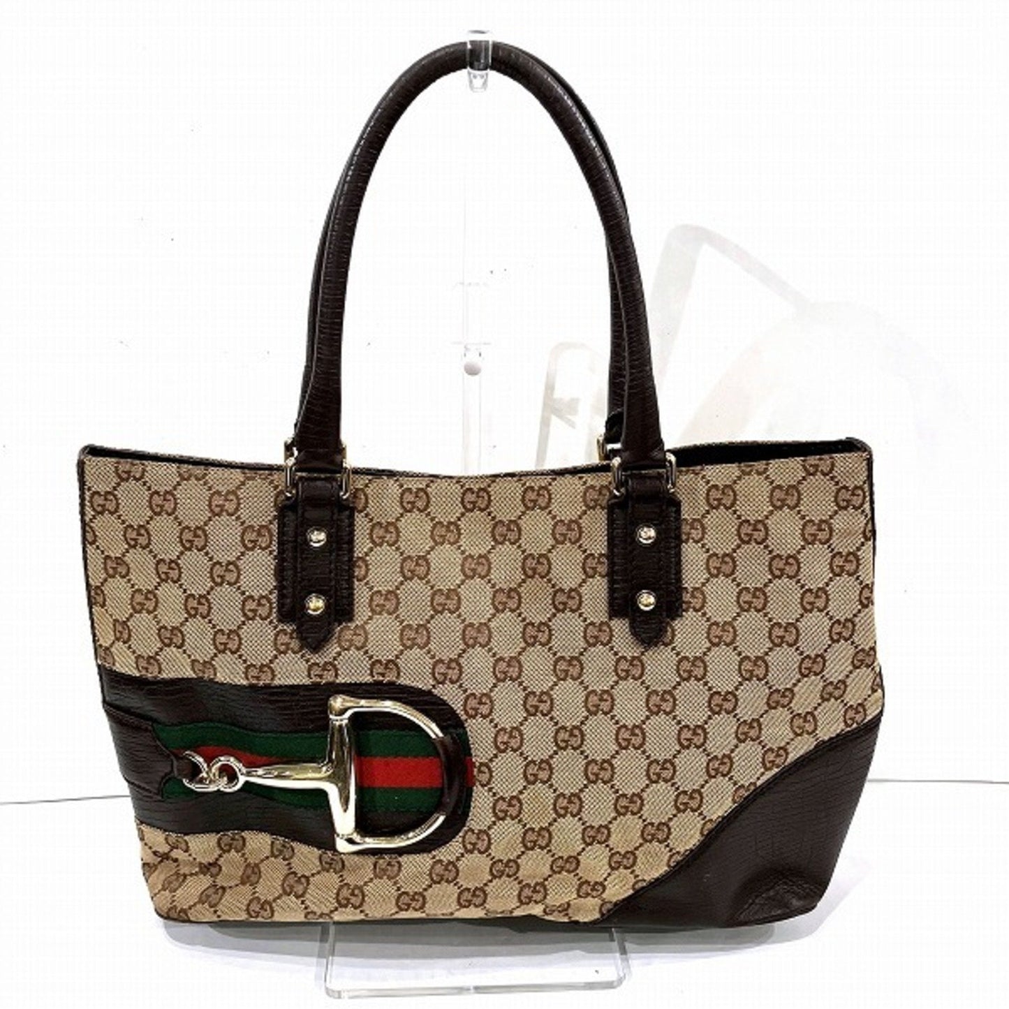 Gucci Horsebit Brown Gg Canvas Leather Tote Bag ()