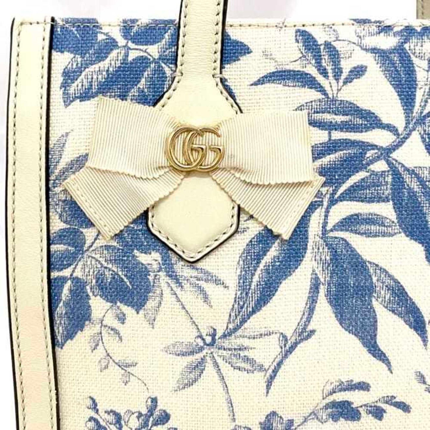 Gucci Blue White Canvas Leather Handbag Tote Bag ()