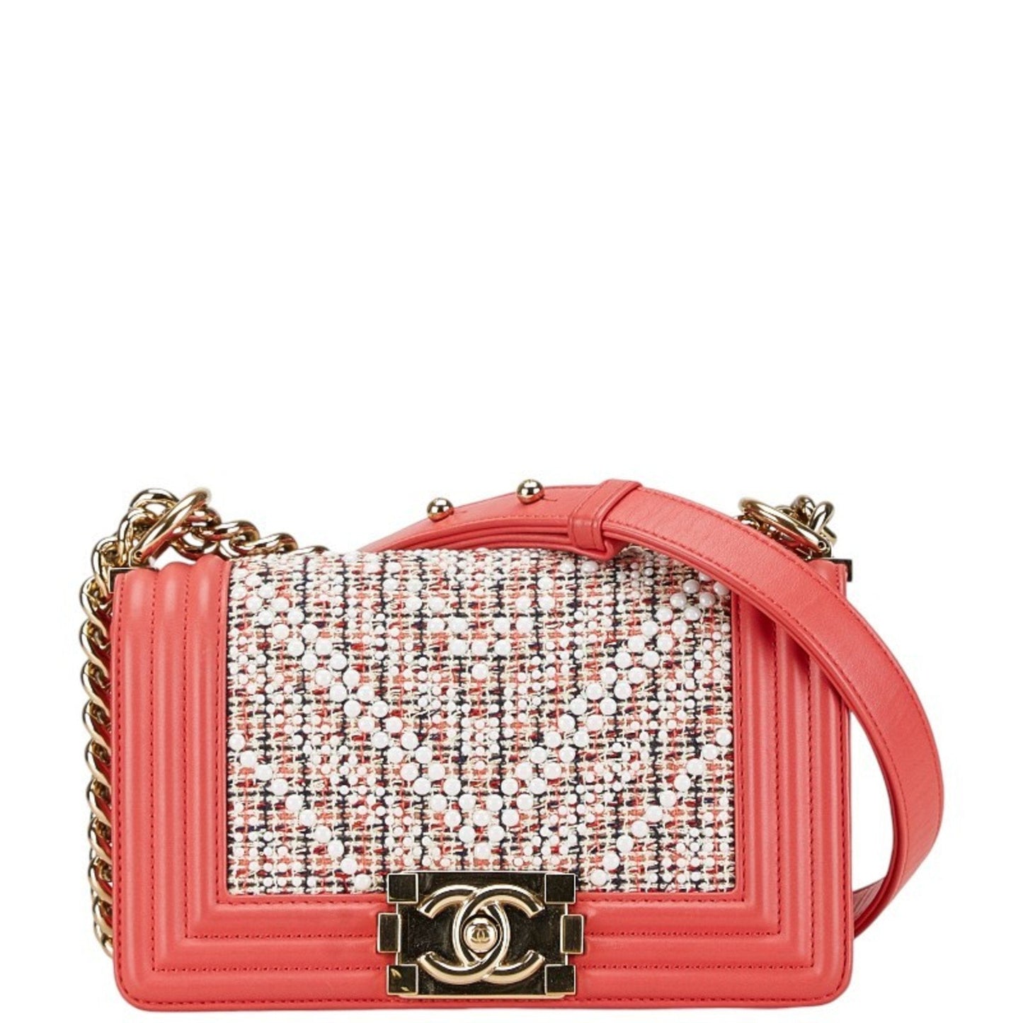 Chanel Boy Chanel Multi-Color Pink White Tweed Leather Shoulder Bag ()
