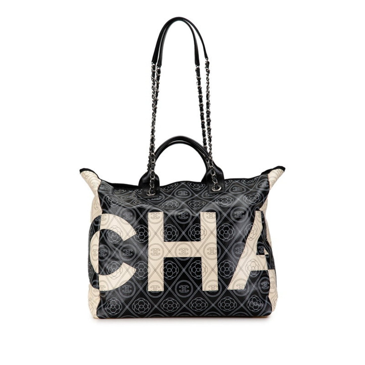 Chanel Black White Leather Handbag Tote Bag ()