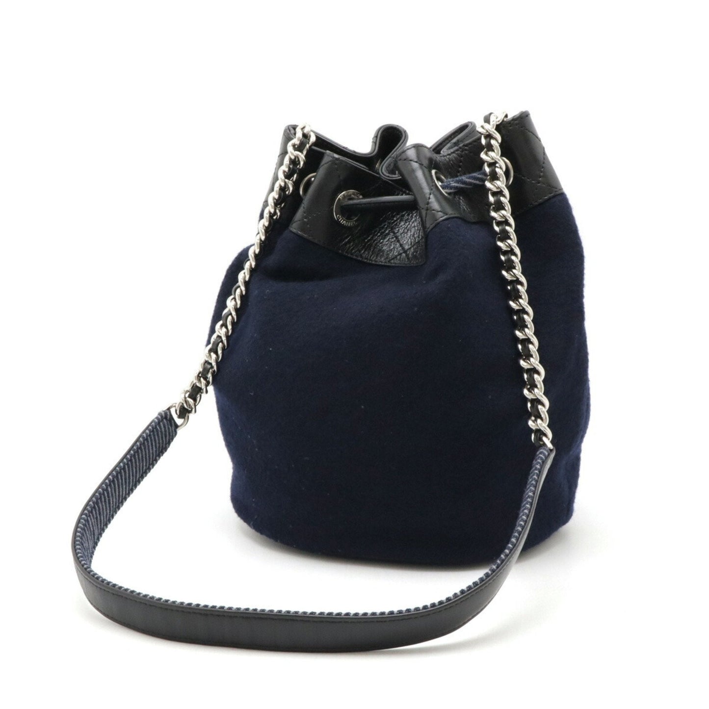 Chanel Black Navy Wool Leather Shoulder Bag ()