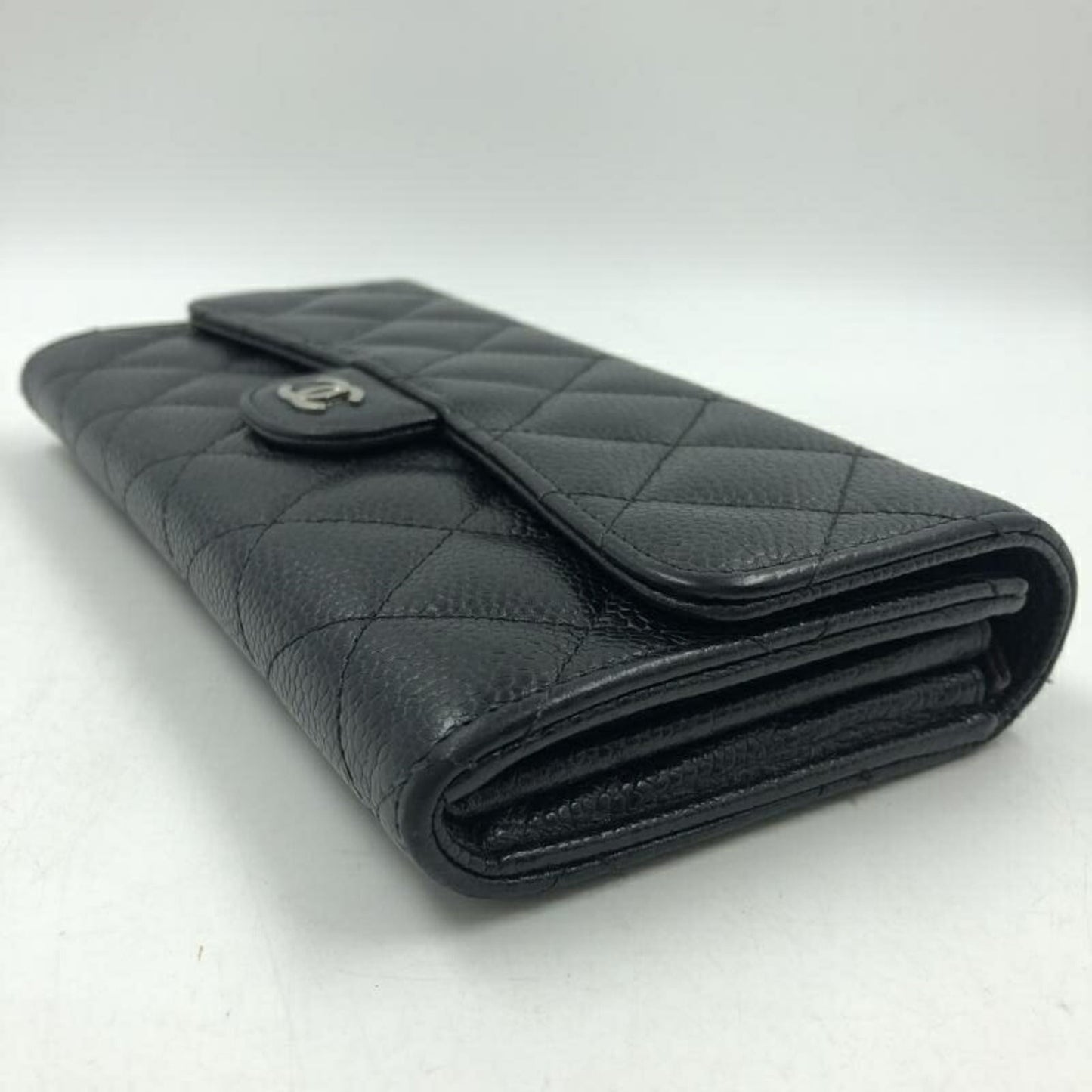 Chanel Black Blue Grained Calfskin Long Bill Wallet (Bi-Fold) ()