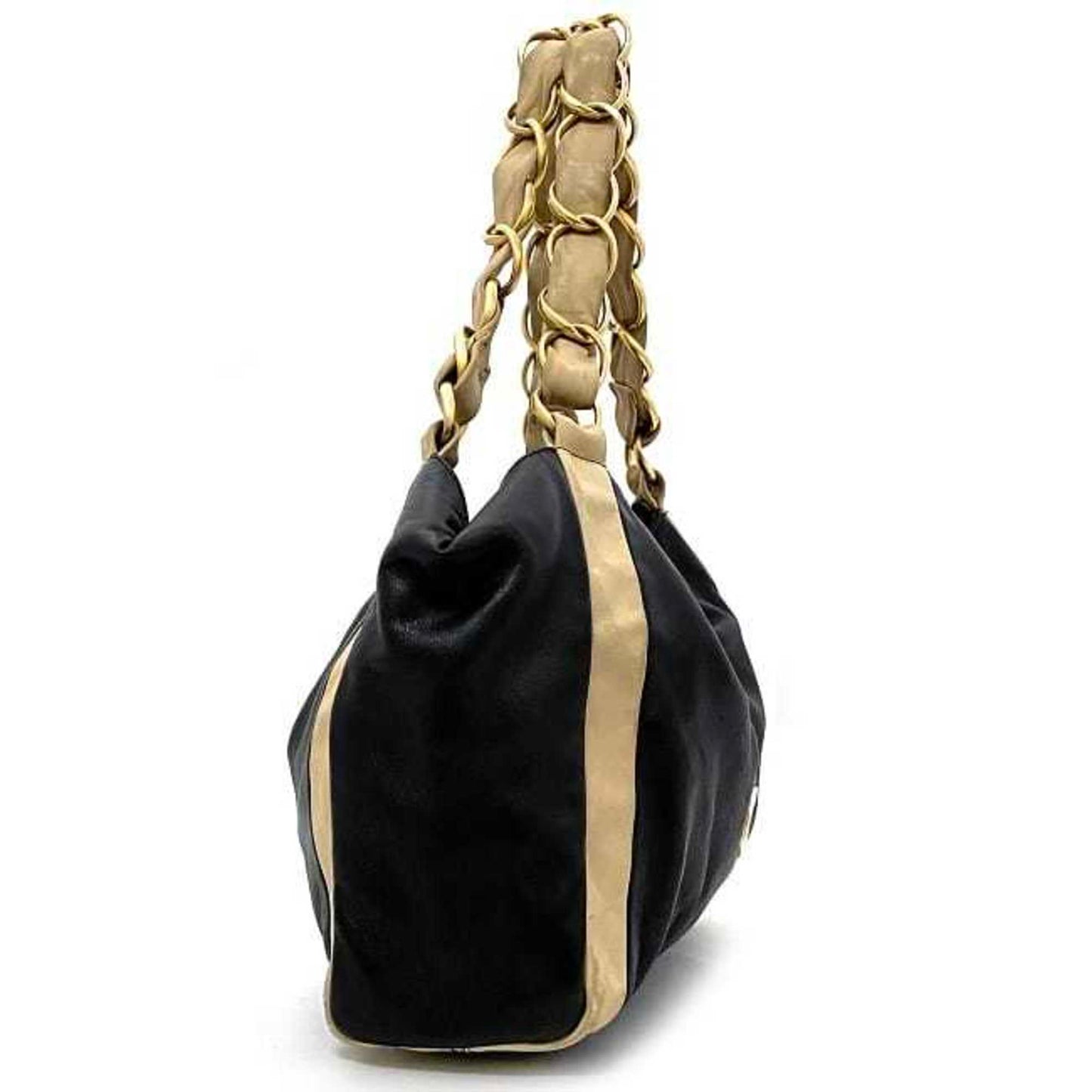 Chanel Beige Gold Black Leather Tote Bag ()