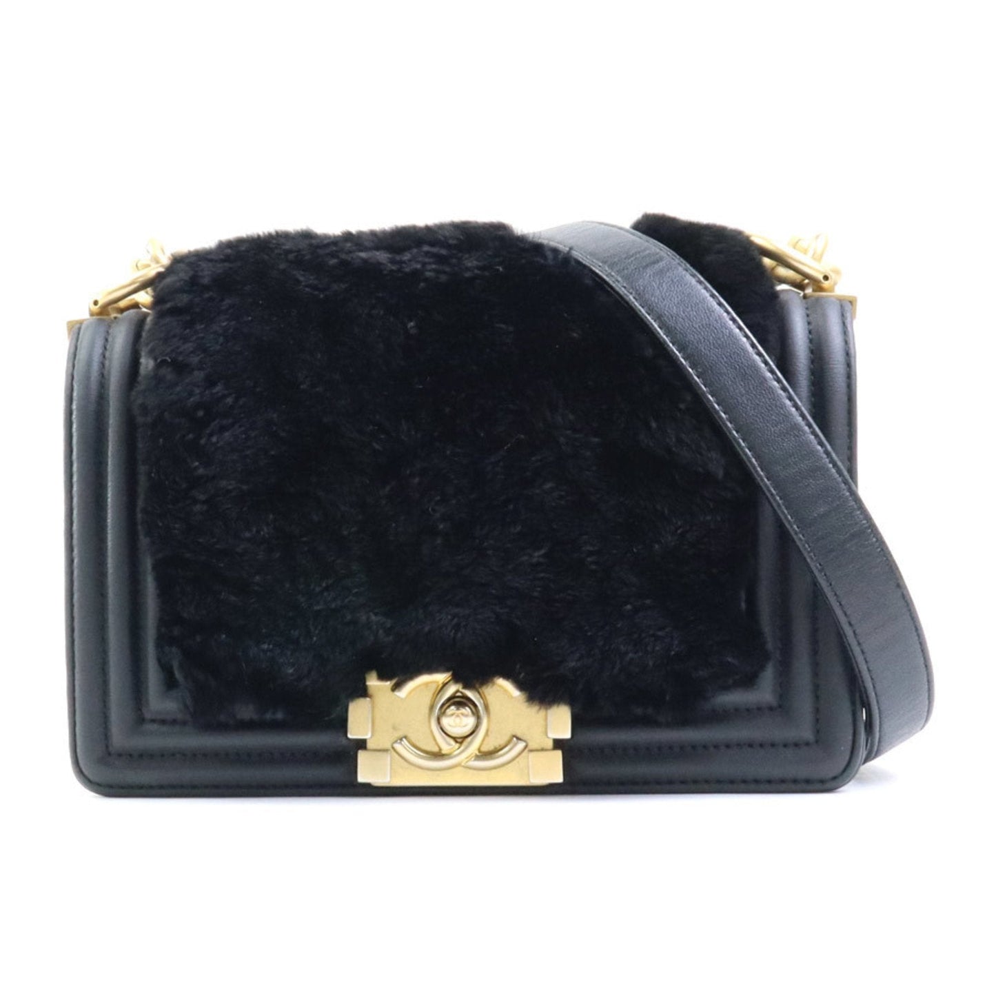 Chanel Black Fur Leather Metal Shoulder Bag ()