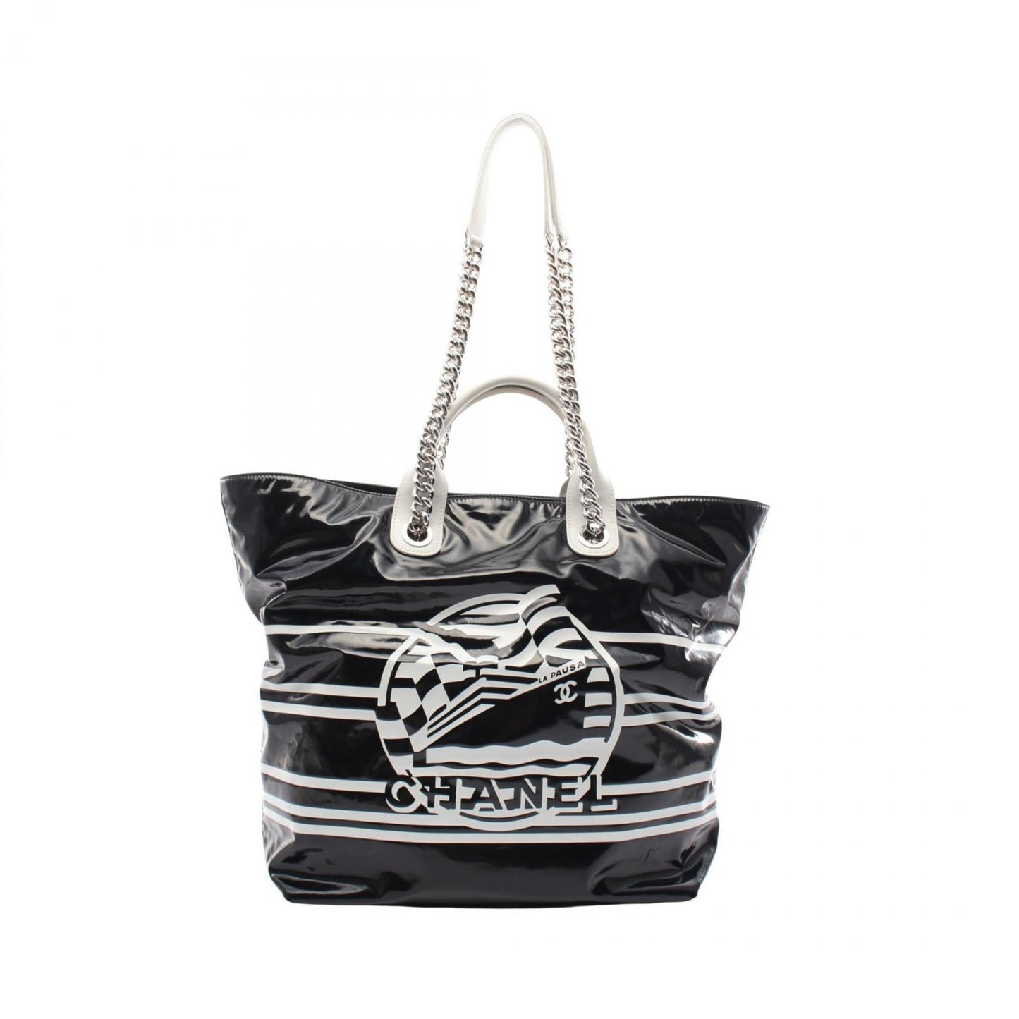 Chanel Black White Coated Canvas Leather Tote Bag ()