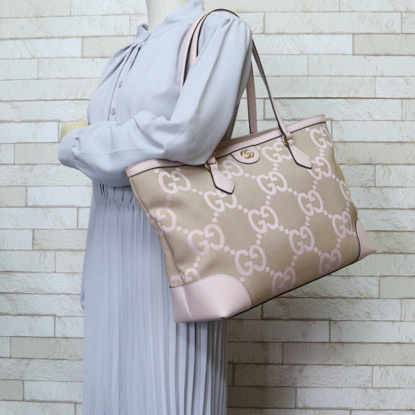 Gucci Beige Pink Canvas Leather Tote Bag ()