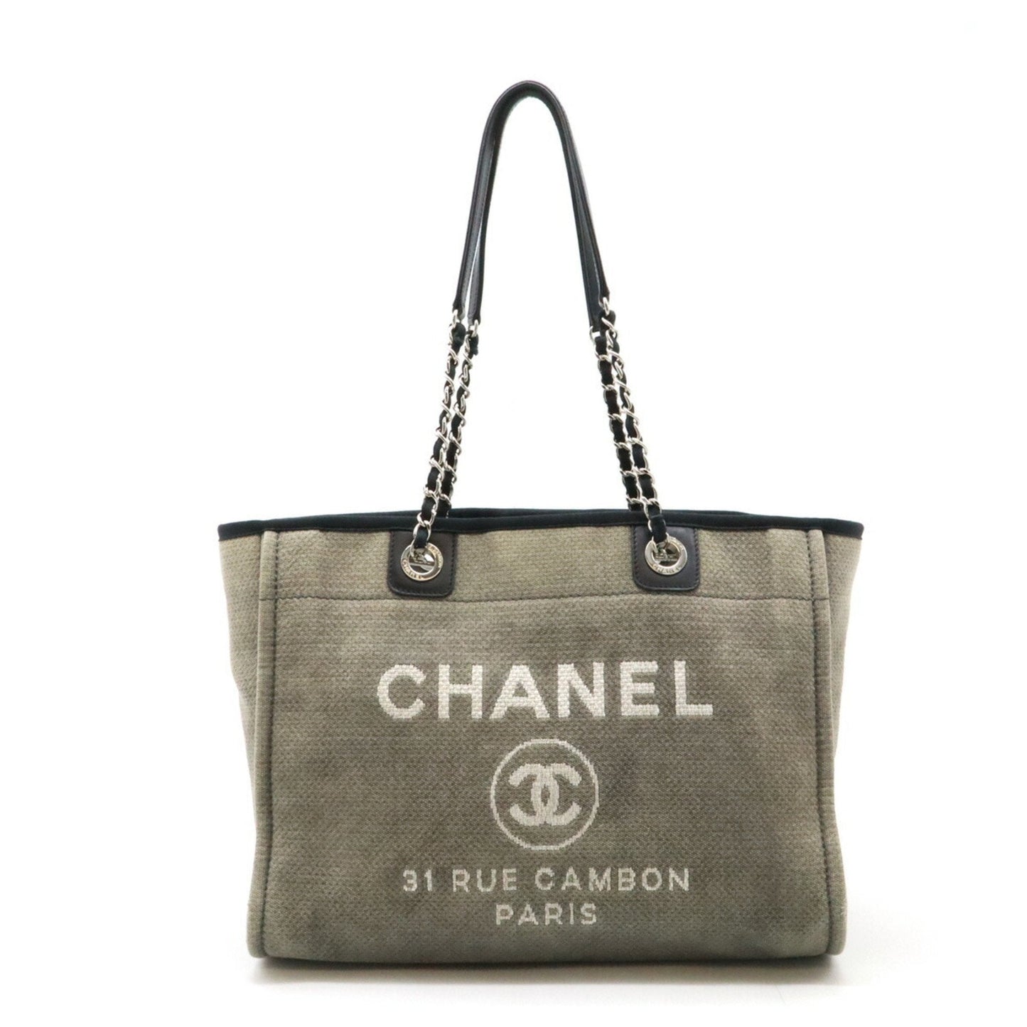 Chanel Black Gray Canvas Leather Shoulder Bag Tote Bag ()
