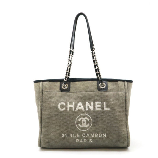 Chanel Black Gray Canvas Leather Shoulder Bag Tote Bag ()