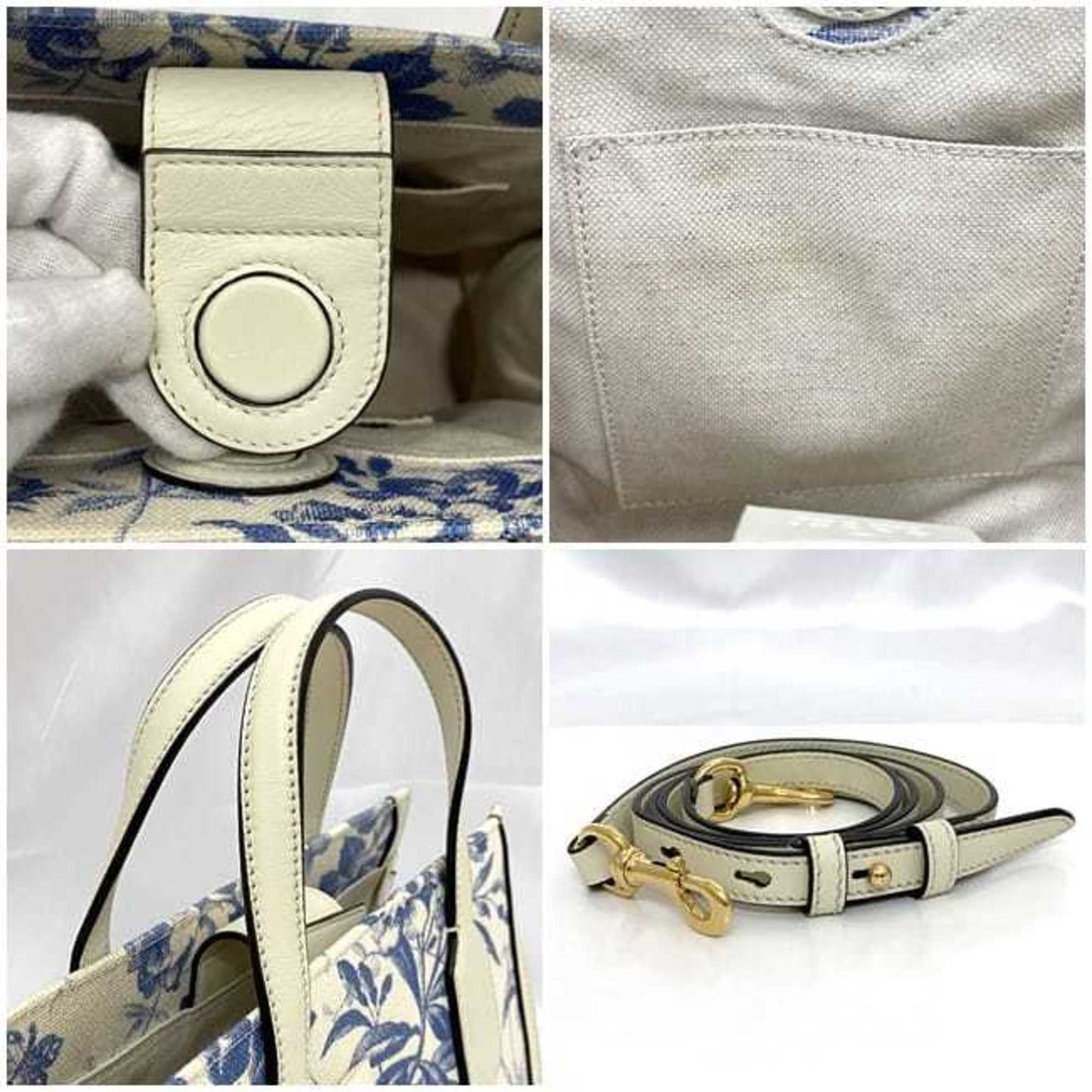 Gucci Blue White Canvas Leather Handbag Tote Bag ()